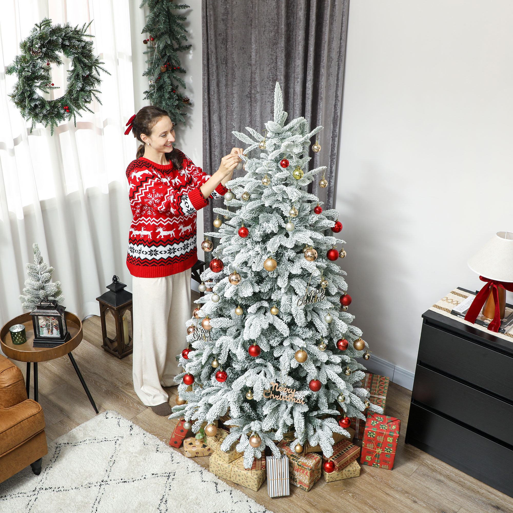 HOMCOM 6 ft Artificial Flocked Christmas Tree with 1182 Branches, Hinged Xmas Tree with Foldable Metal Stand, Easy Assembly for Home Office Decor 8