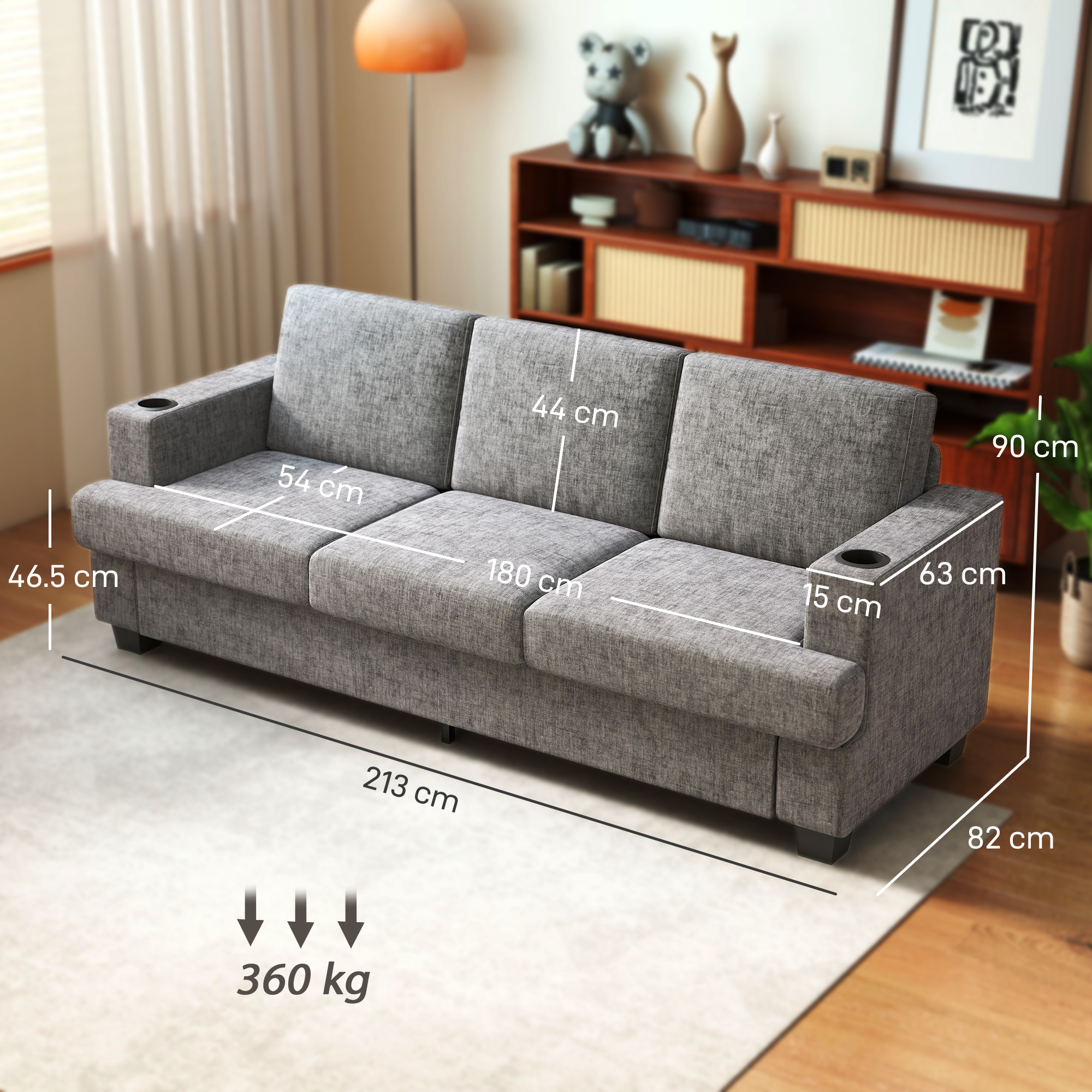 HOMCOM 3 Seater Sofa with USB Ports & Cup Holders Grey 3