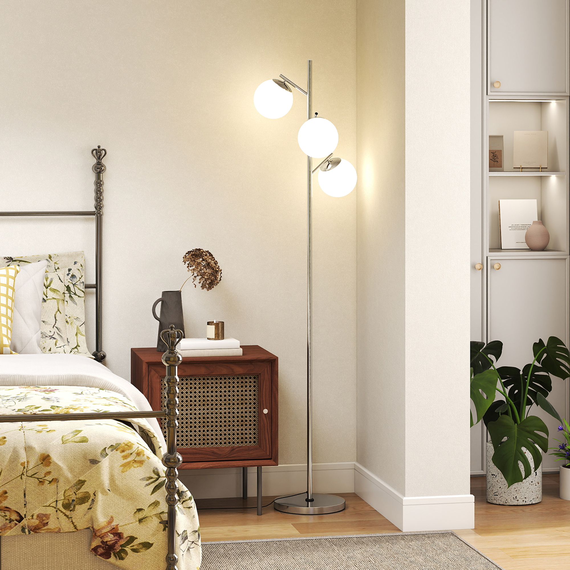 HOMCOM 3-Light Tree Floor Lamps for Living Room, Modern Standing Lamp for Bedroom with Globe Lampshade, 3000K/4000K/6000K Colour Temperatures, Steel Base, Silver Tone 9