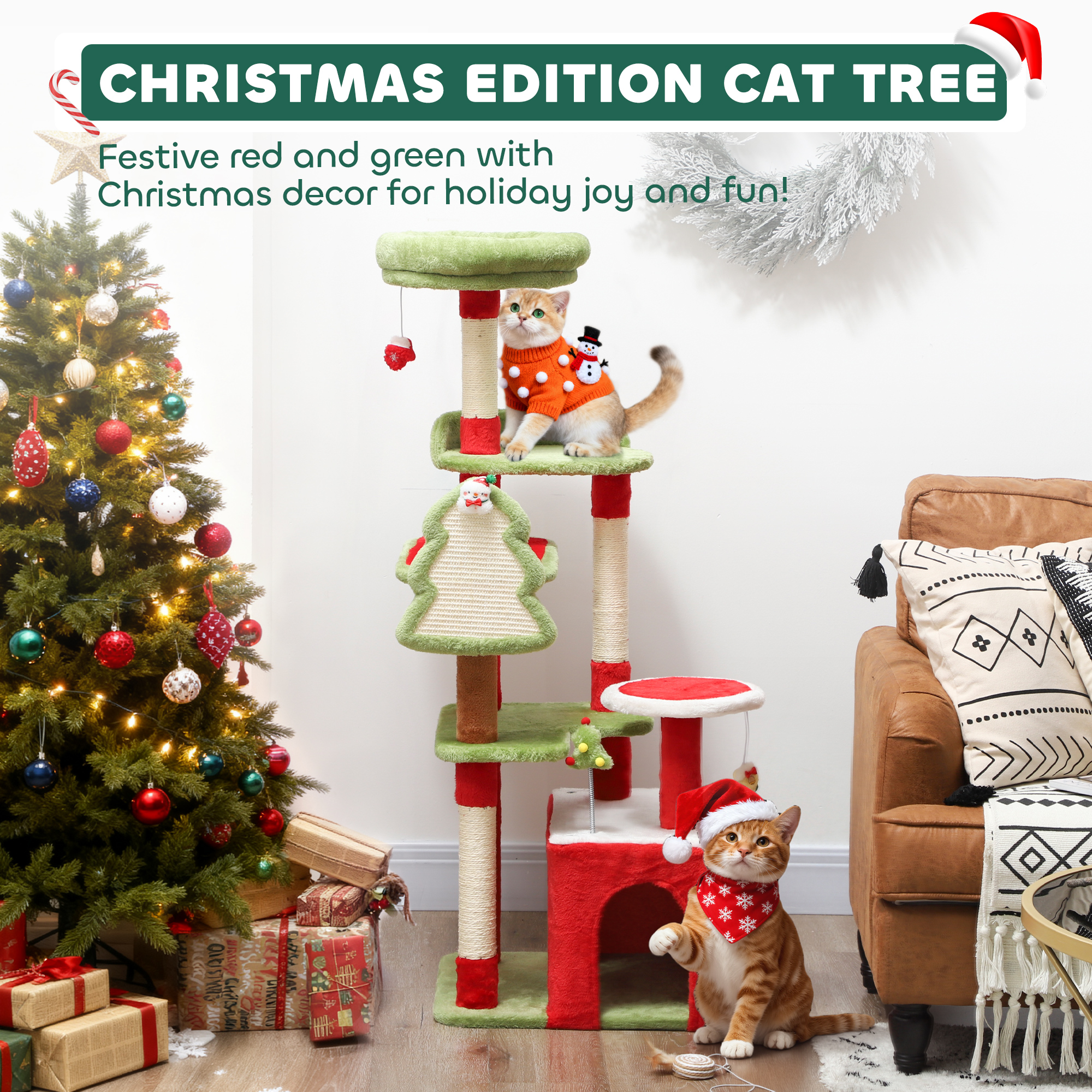 PawHut Cat Tree, 120cm Christmas Cat Tower with 3 Scratching Posts, Scratching Board, 2 Perches, Platforms, Toys, Green 4