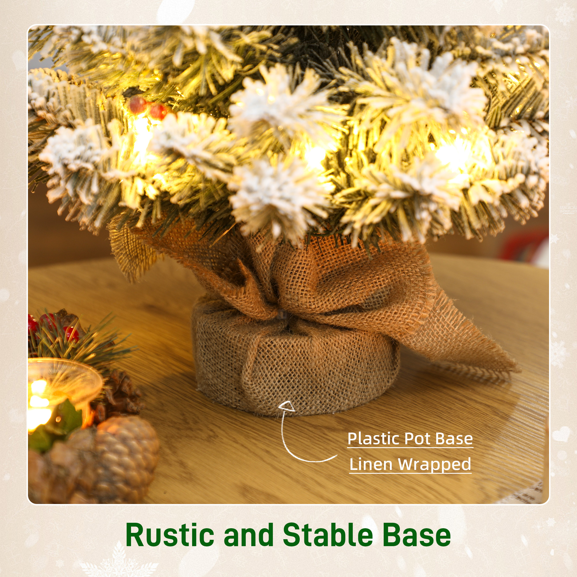 HOMCOM 60 cm Prelit Small Christmas Tree with 35 LED Lights, Snow Flocked Tabletop Mini Xmas Tree with 72 Dense Branches, Pine Cones, Berry Clusters and Linen Cover Base, Battery Operated, Green 7