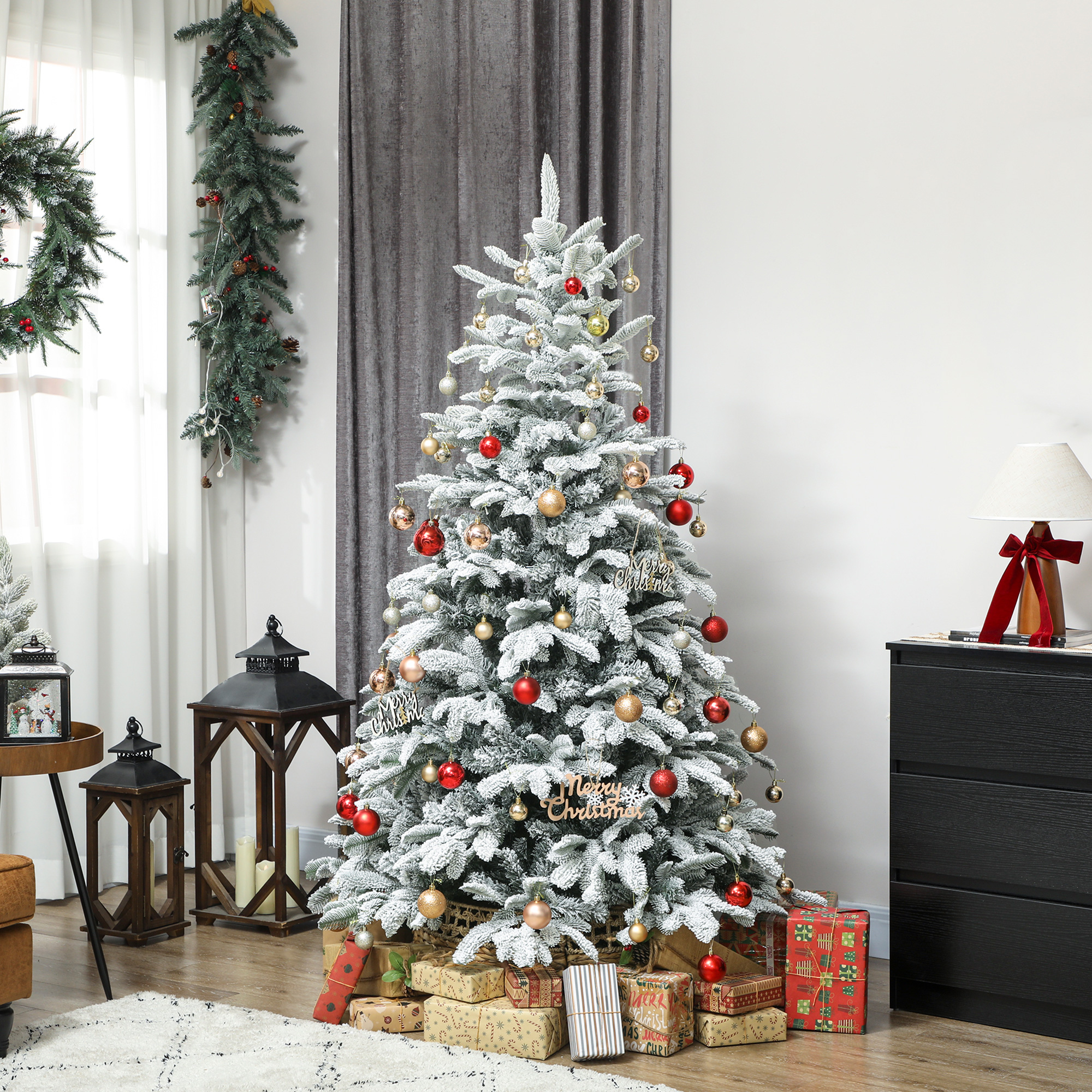 HOMCOM 6 ft Artificial Flocked Christmas Tree with 1182 Branches, Hinged Xmas Tree with Foldable Metal Stand, Easy Assembly for Home Office Decor 2