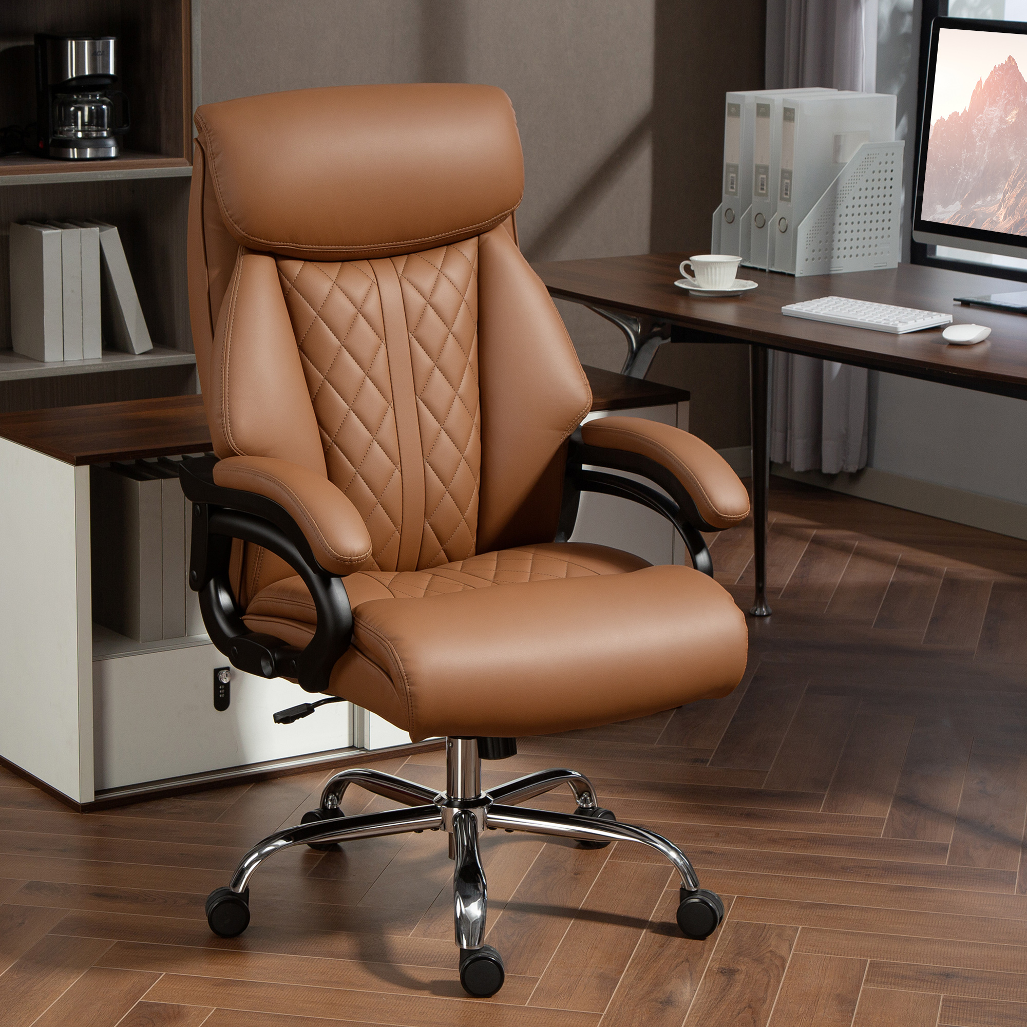 HOMCOM Spring Padded Faux Leather Office Chair Light Brown 2