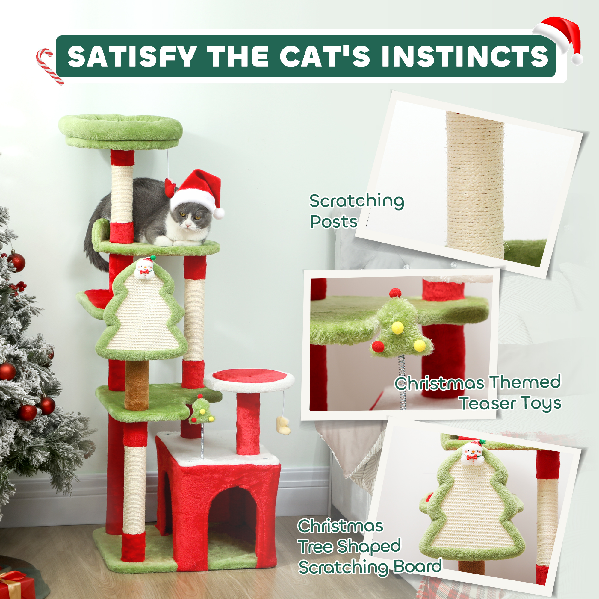 PawHut Cat Tree, 120cm Christmas Cat Tower with 3 Scratching Posts, Scratching Board, 2 Perches, Platforms, Toys, Green 5