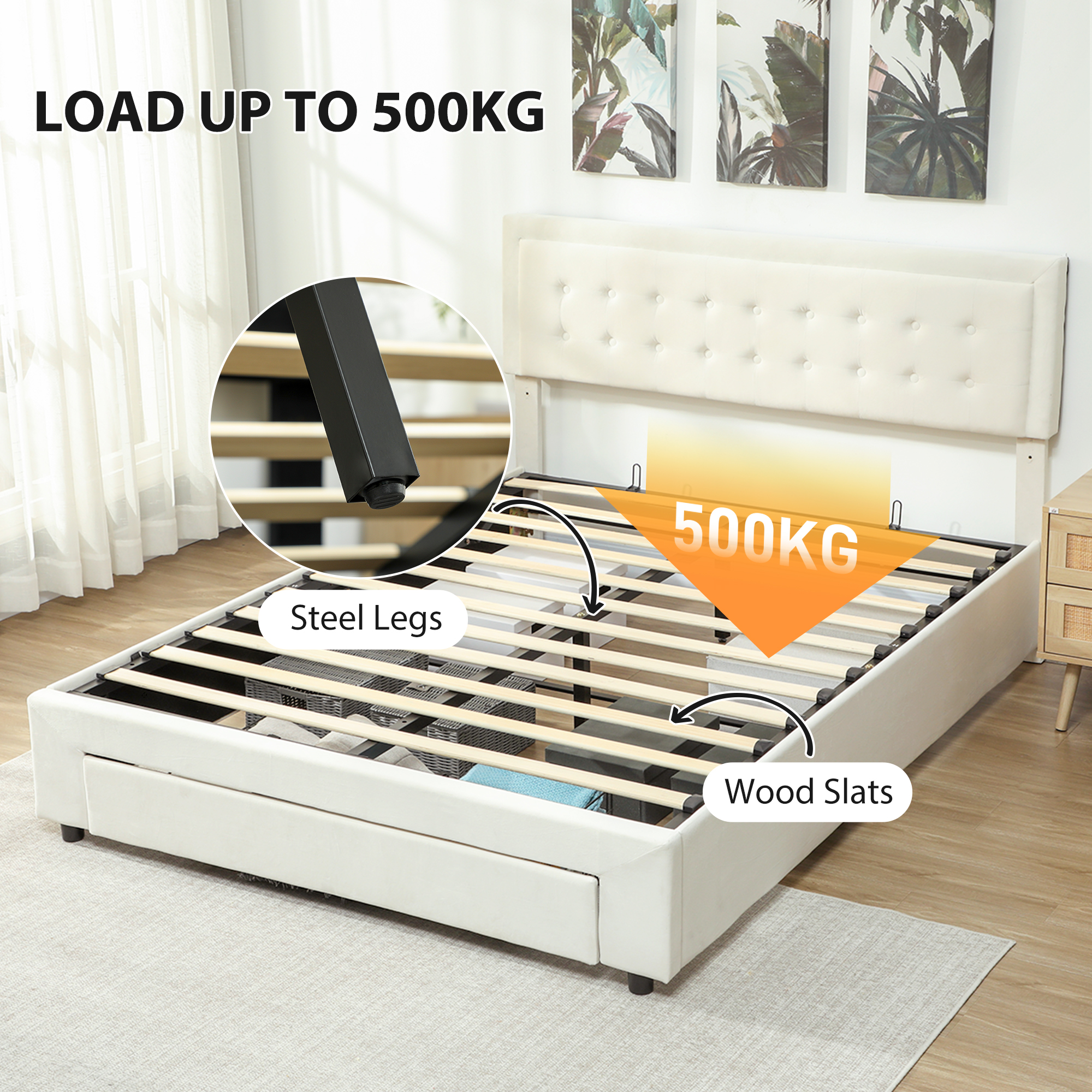 HOMCOM King Size Ottoman Bed Frame, with Front Drawer Cream 6