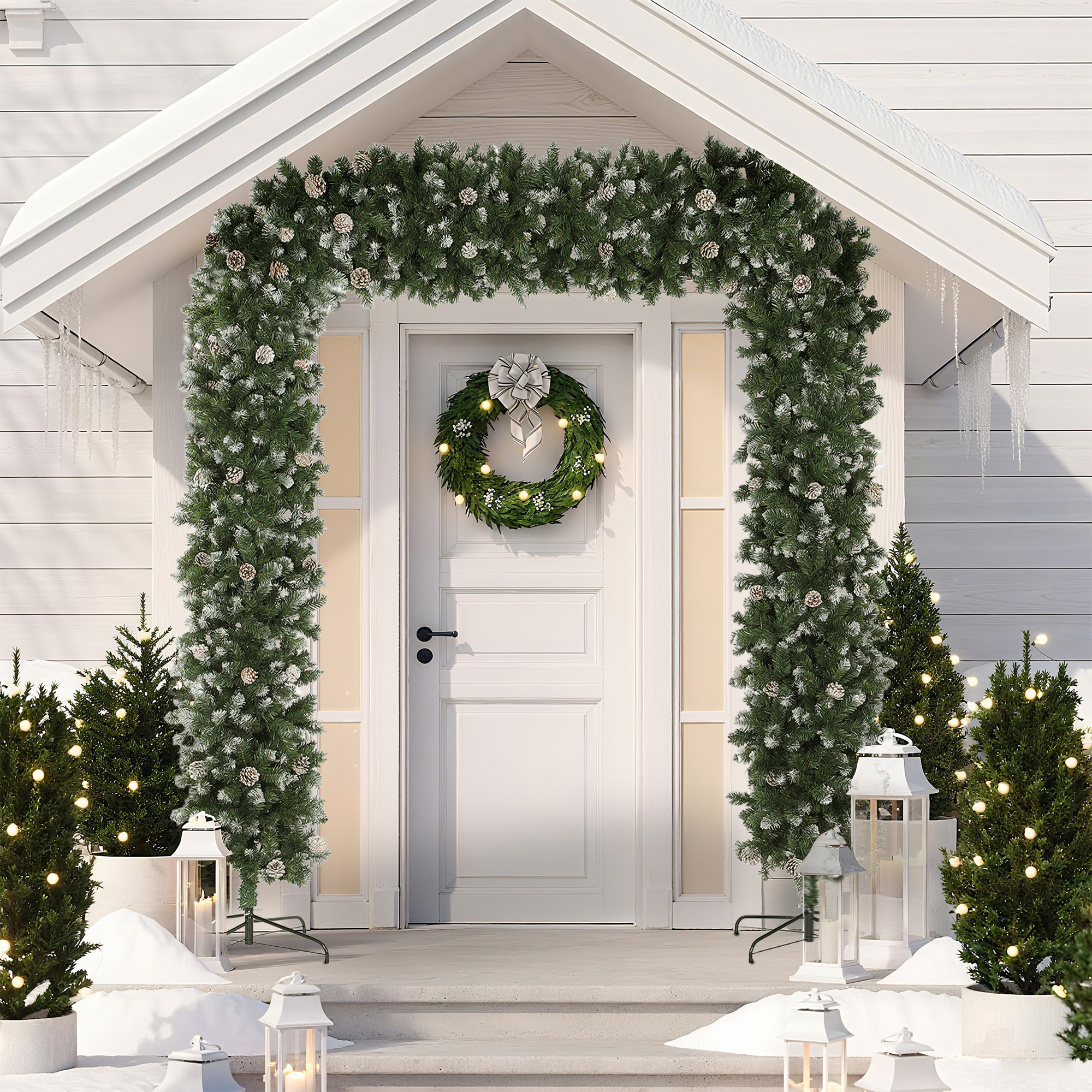 HOMCOM 8.2 ft Snow Frosted Christmas Tree Arch, Christmas Arch Doorway Decor with 2100 Tips and 96 Pinecones, Artificial Xmas Tree with Metal Stand for Indoor, Green 2