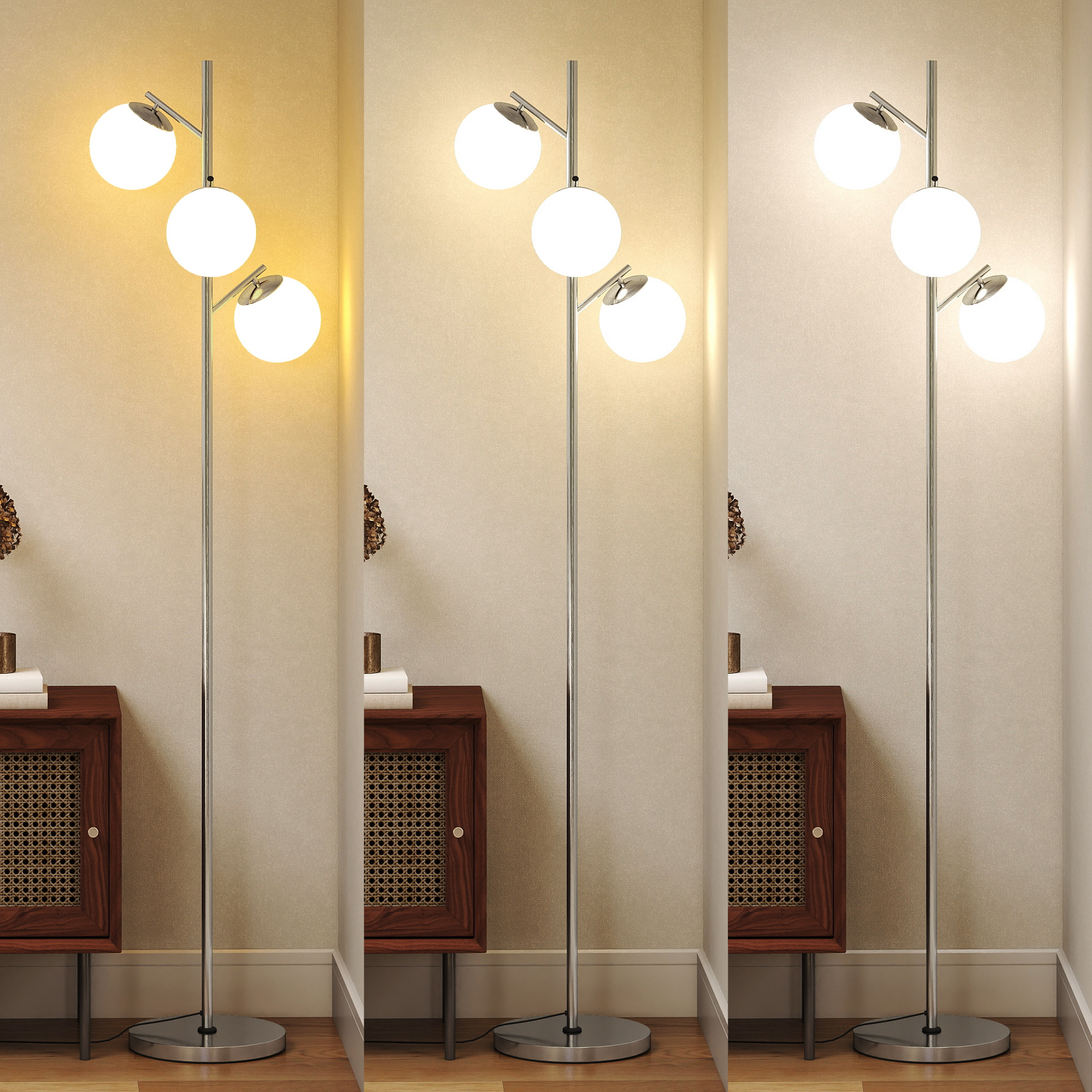 HOMCOM 3-Light Tree Floor Lamps for Living Room, Modern Standing Lamp for Bedroom with Globe Lampshade, 3000K/4000K/6000K Colour Temperatures, Steel Base, Silver Tone 4