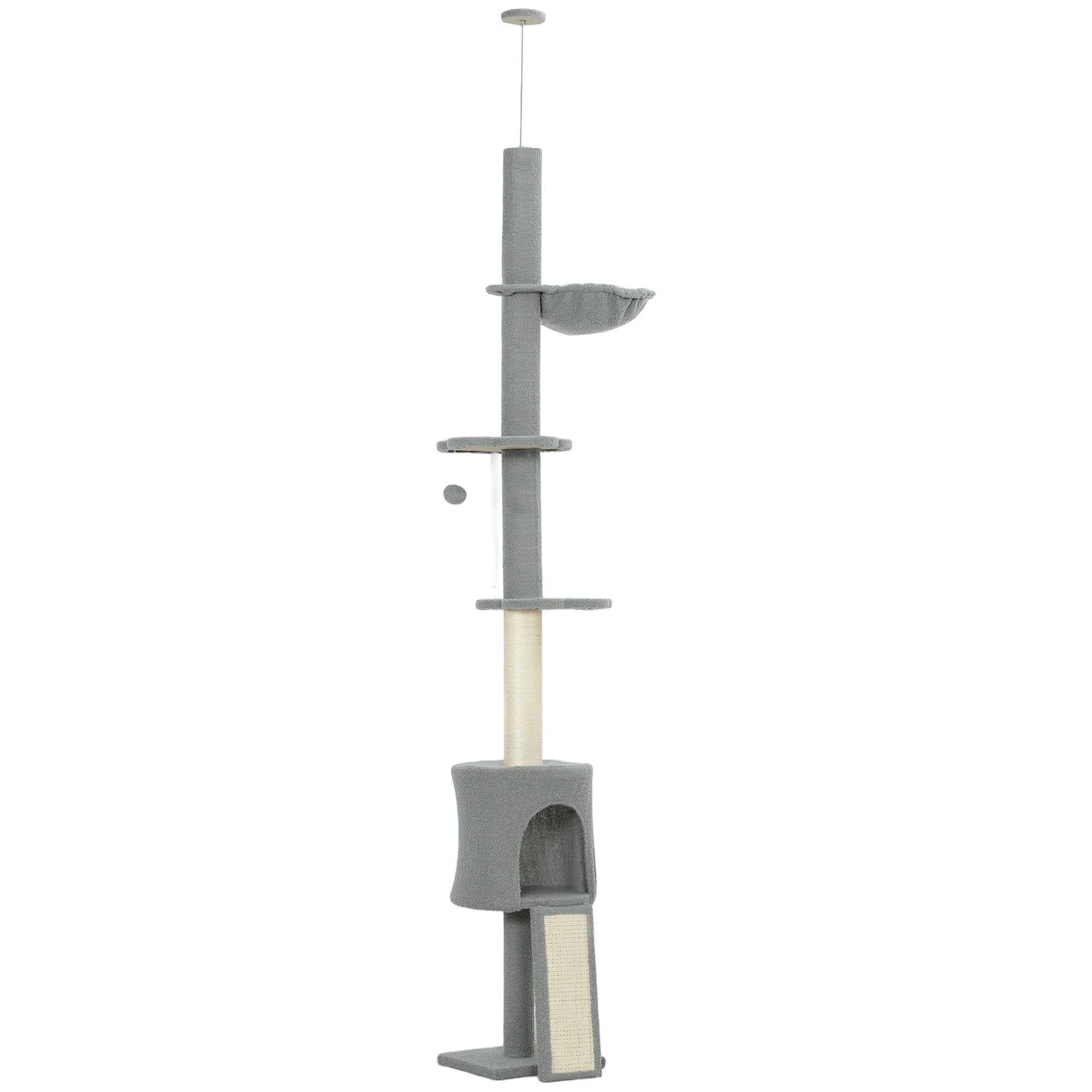 PawHut Albero per Gatti da Pavimento a Soffitto Altezza Regolabile 220-240cm con Amaca Piattaforme a Fiore Tana Rampa Pallina Grigio Chiaro   Aosom Italy