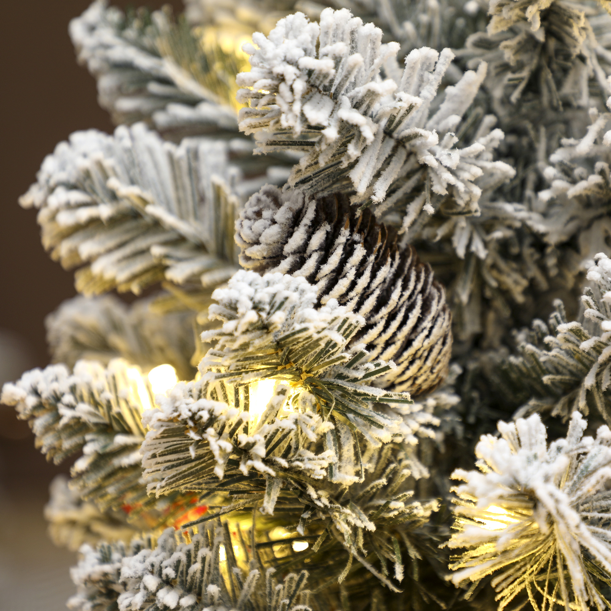 HOMCOM 60 cm Prelit Small Christmas Tree with 35 LED Lights, Snow Flocked Tabletop Mini Xmas Tree with 72 Dense Branches, Pine Cones, Berry Clusters and Linen Cover Base, Battery Operated, Green 9