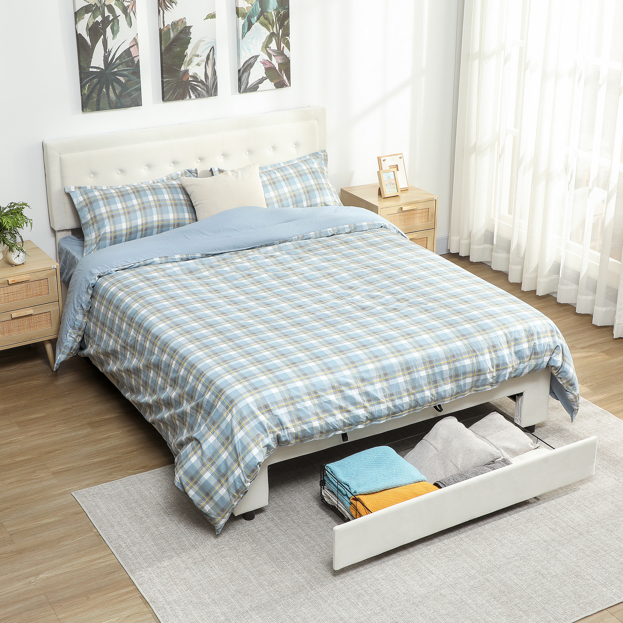 HOMCOM King Size Ottoman Bed Frame, with Front Drawer Cream 8