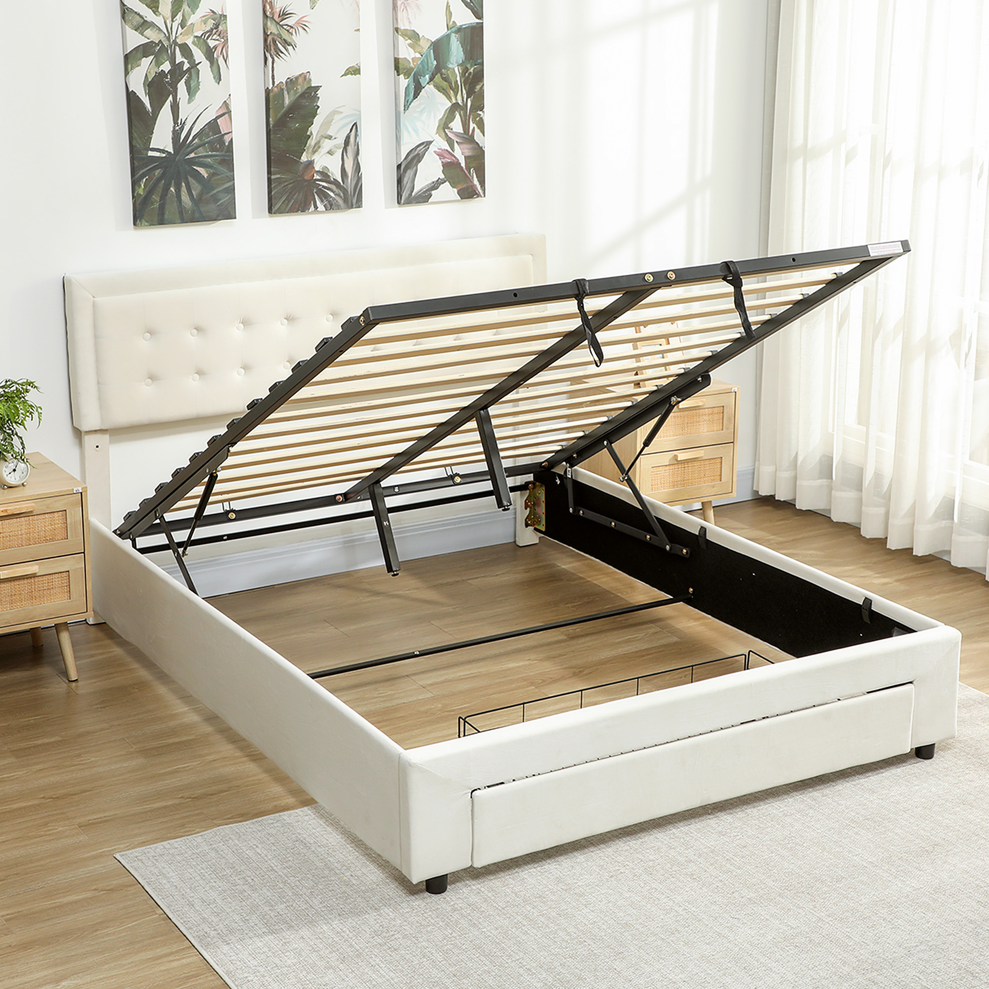 HOMCOM King Size Ottoman Bed Frame, with Front Drawer Cream 9