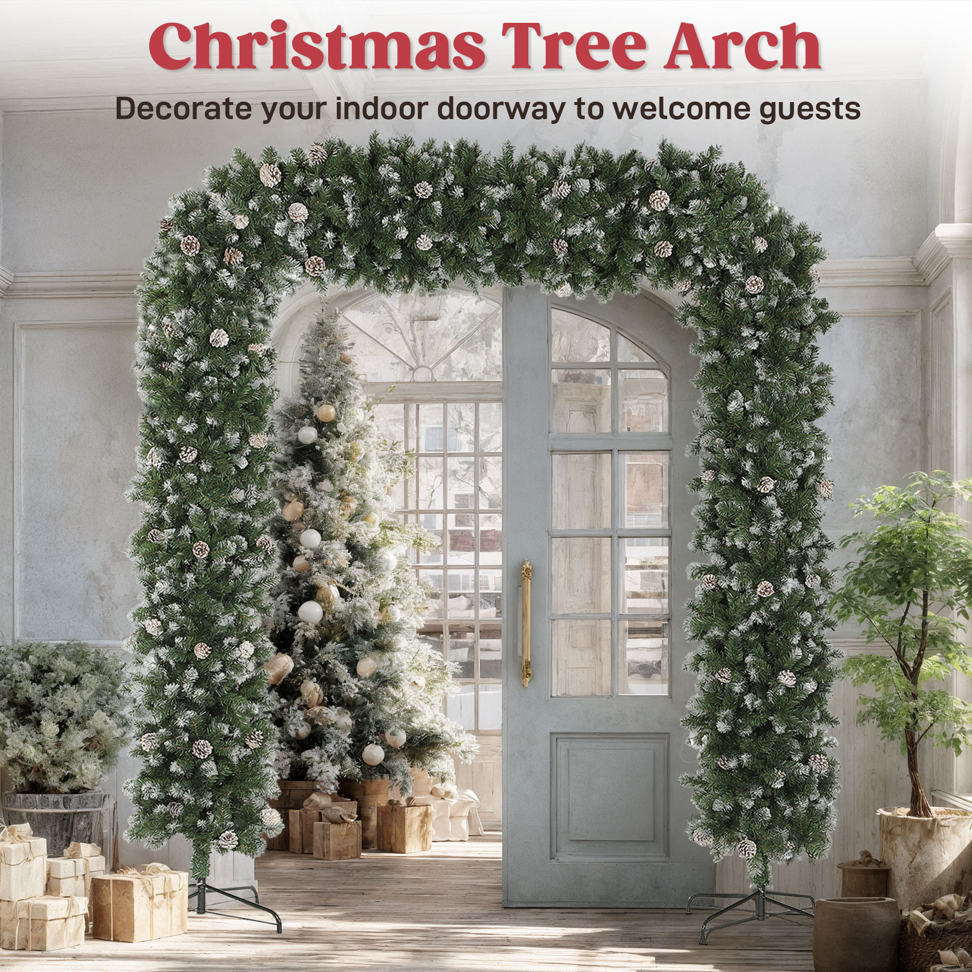 HOMCOM 8.2 ft Snow Frosted Christmas Tree Arch, Christmas Arch Doorway Decor with 2100 Tips and 96 Pinecones, Artificial Xmas Tree with Metal Stand for Indoor, Green 5