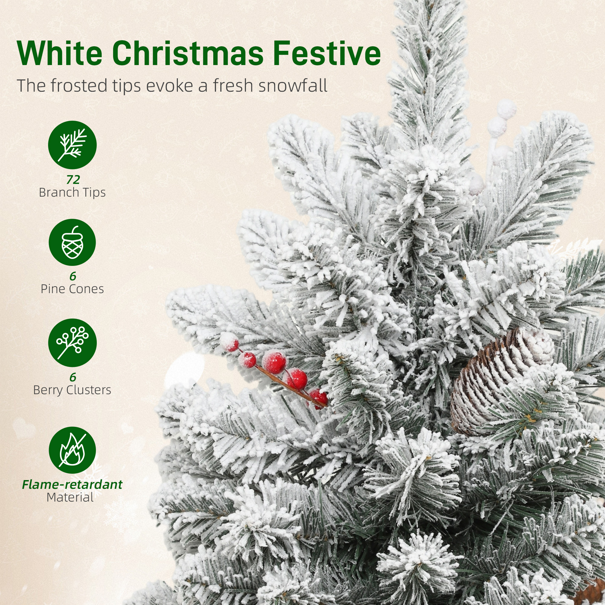 HOMCOM 60 cm Prelit Small Christmas Tree with 35 LED Lights, Snow Flocked Tabletop Mini Xmas Tree with 72 Dense Branches, Pine Cones, Berry Clusters and Linen Cover Base, Battery Operated, Green 6