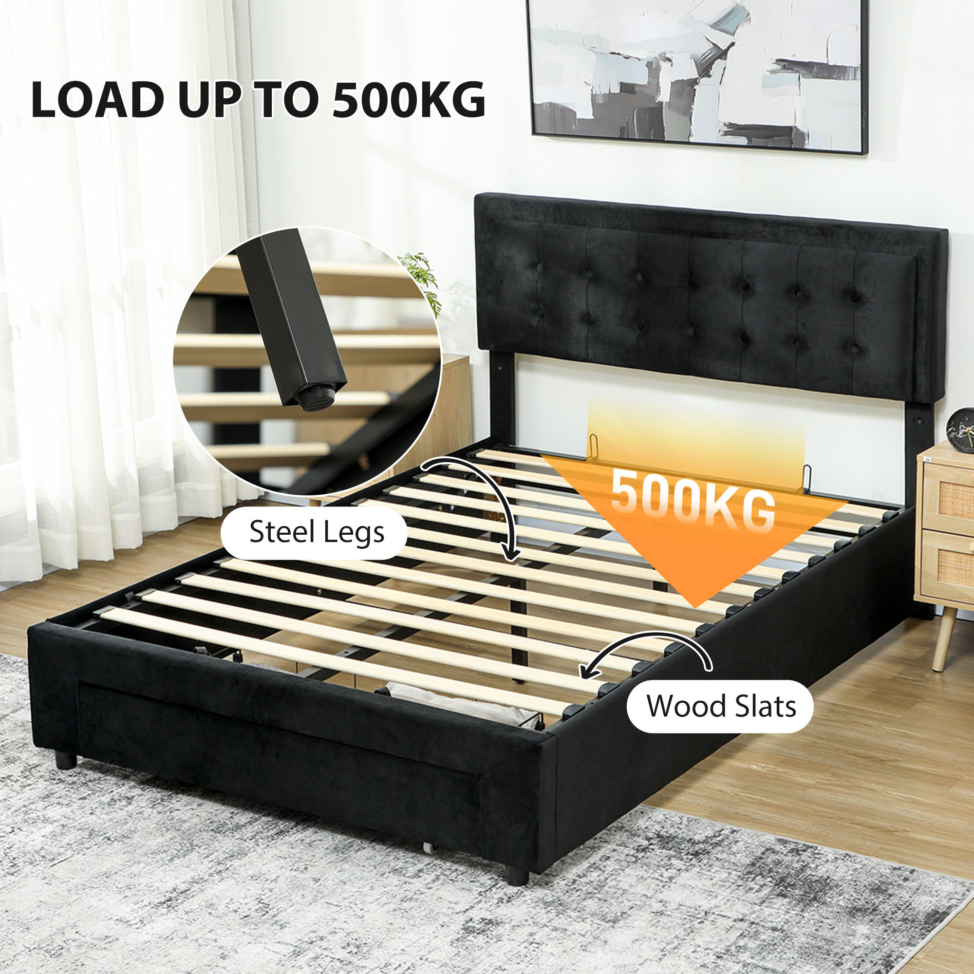 HOMCOM King Size Ottoman Bed Frame, with Front Drawer Black 6