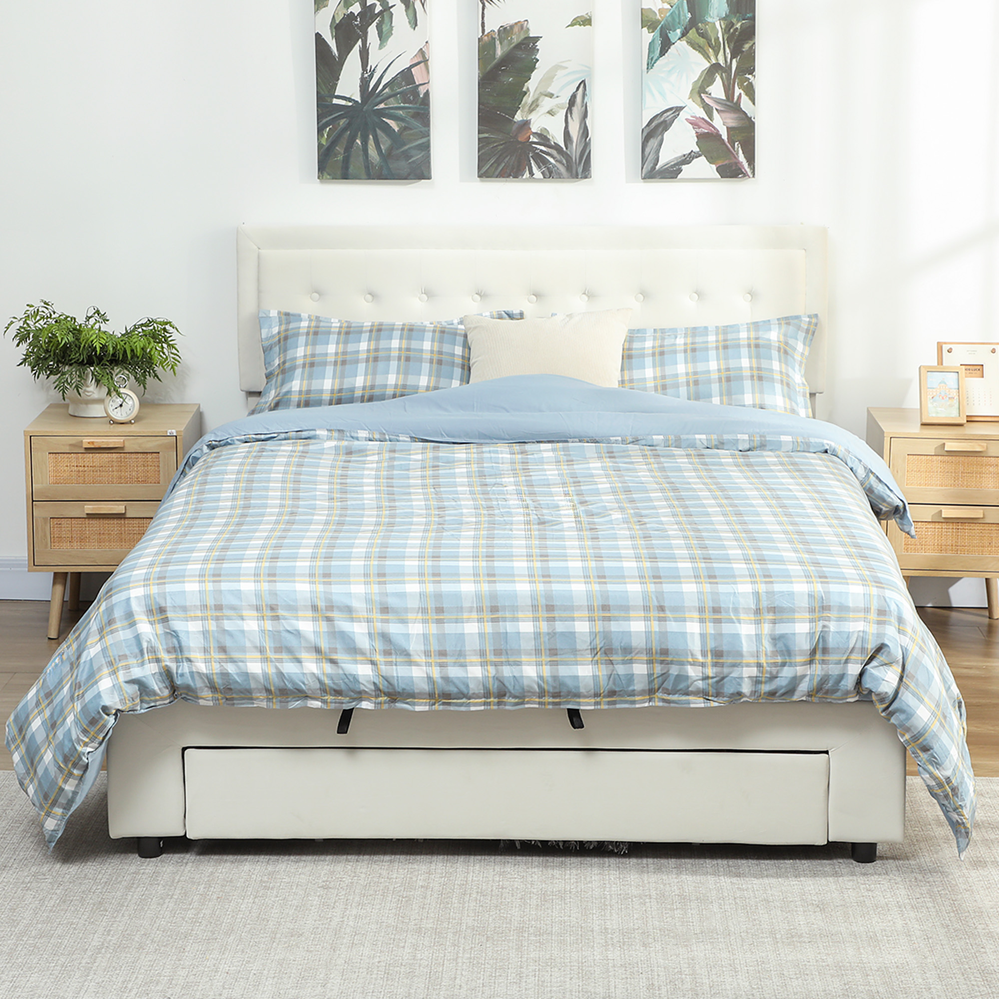 HOMCOM King Size Ottoman Bed Frame, with Front Drawer Cream 2