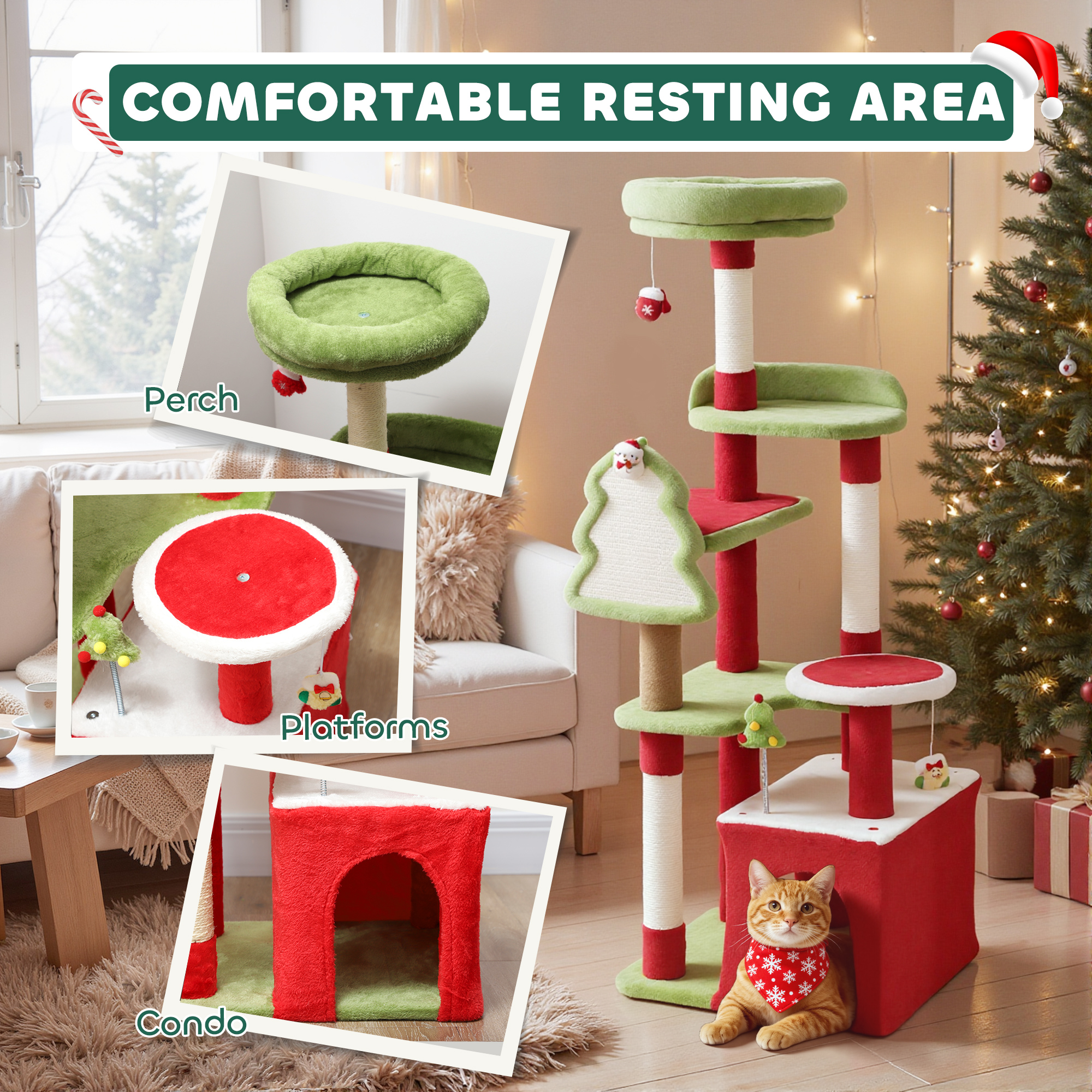 PawHut Cat Tree, 120cm Christmas Cat Tower with 3 Scratching Posts, Scratching Board, 2 Perches, Platforms, Toys, Green 6
