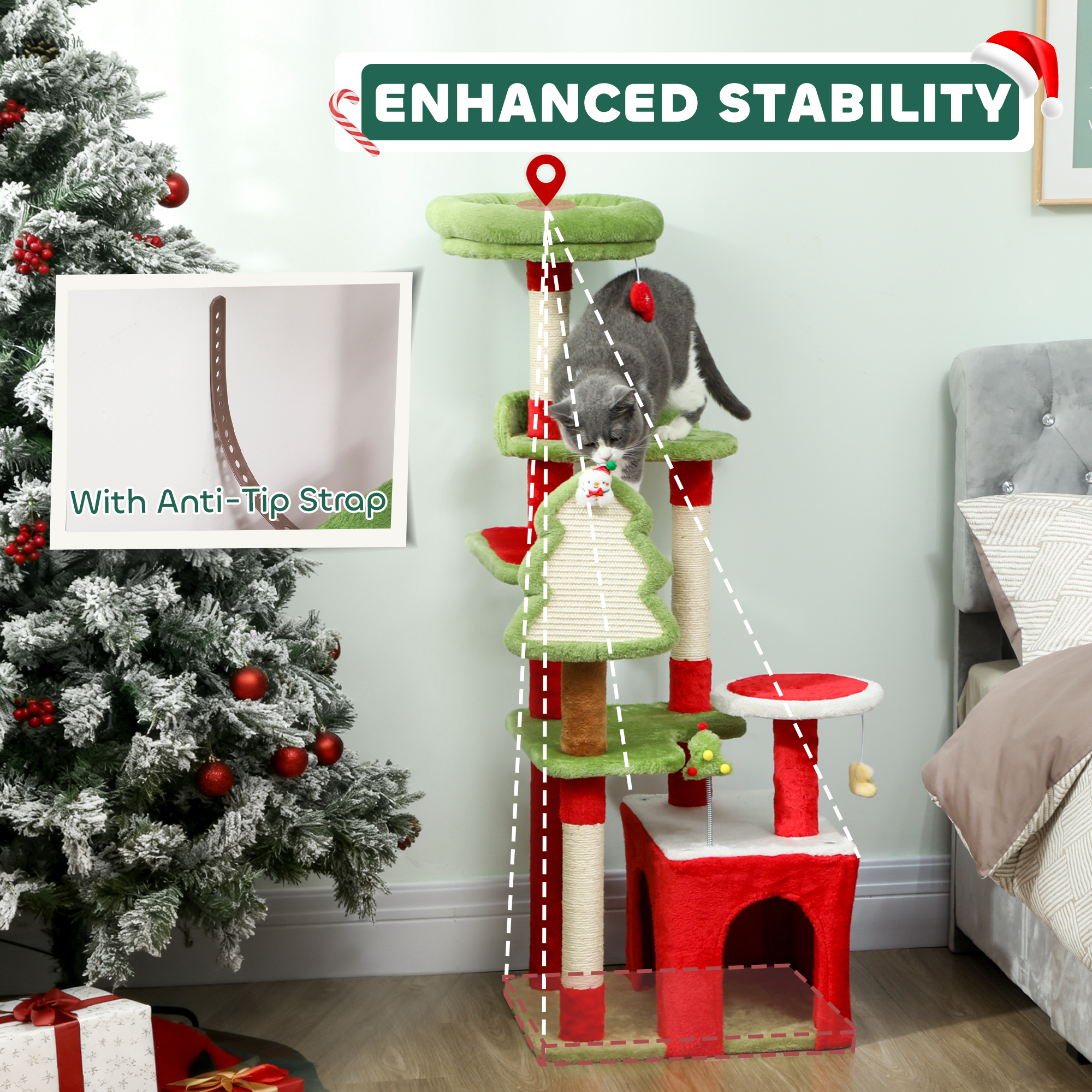 PawHut Cat Tree, 120cm Christmas Cat Tower with 3 Scratching Posts, Scratching Board, 2 Perches, Platforms, Toys, Green 7