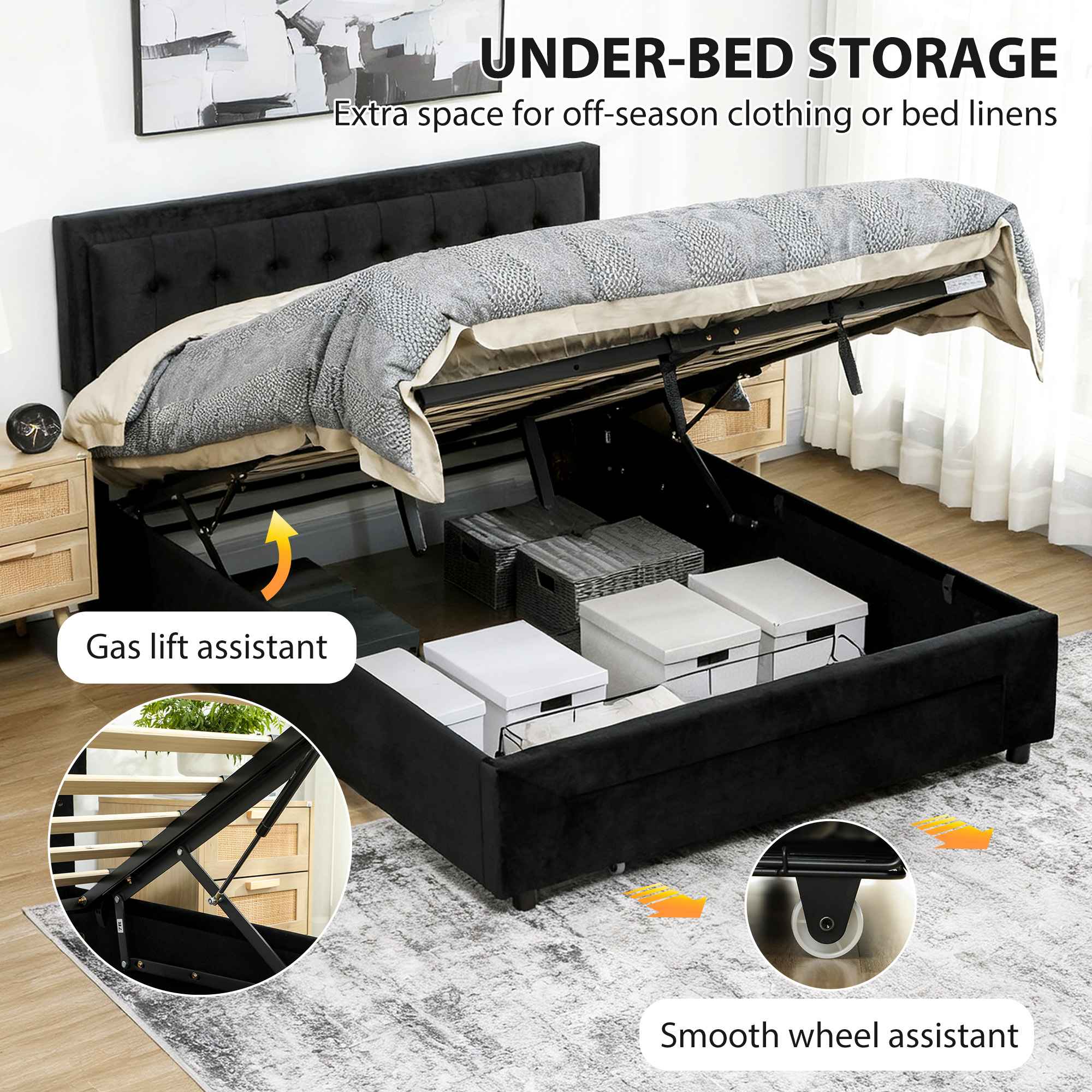 HOMCOM King Size Ottoman Bed Frame, with Front Drawer Black 4
