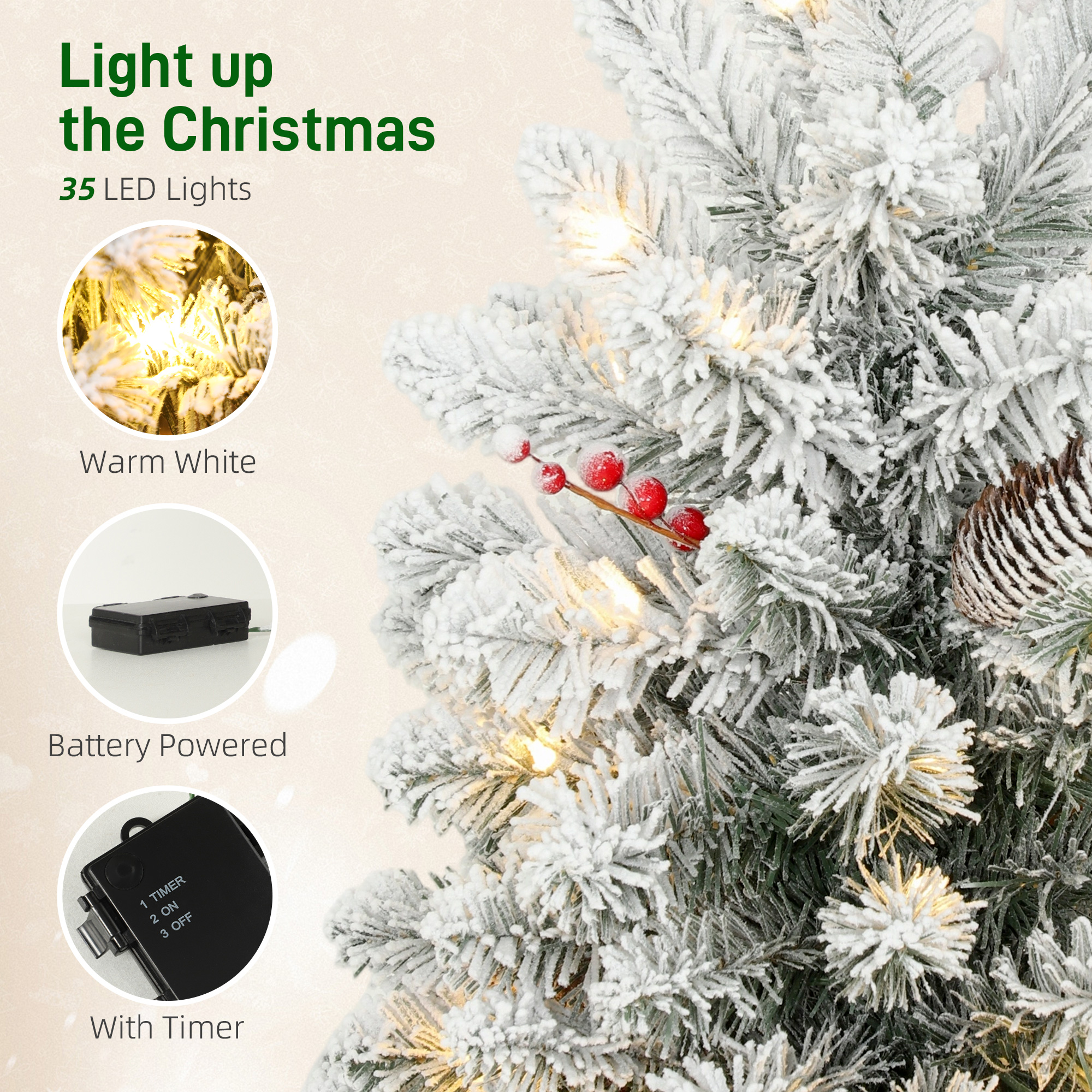 HOMCOM 60 cm Prelit Small Christmas Tree with 35 LED Lights, Snow Flocked Tabletop Mini Xmas Tree with 72 Dense Branches, Pine Cones, Berry Clusters and Linen Cover Base, Battery Operated, Green 5