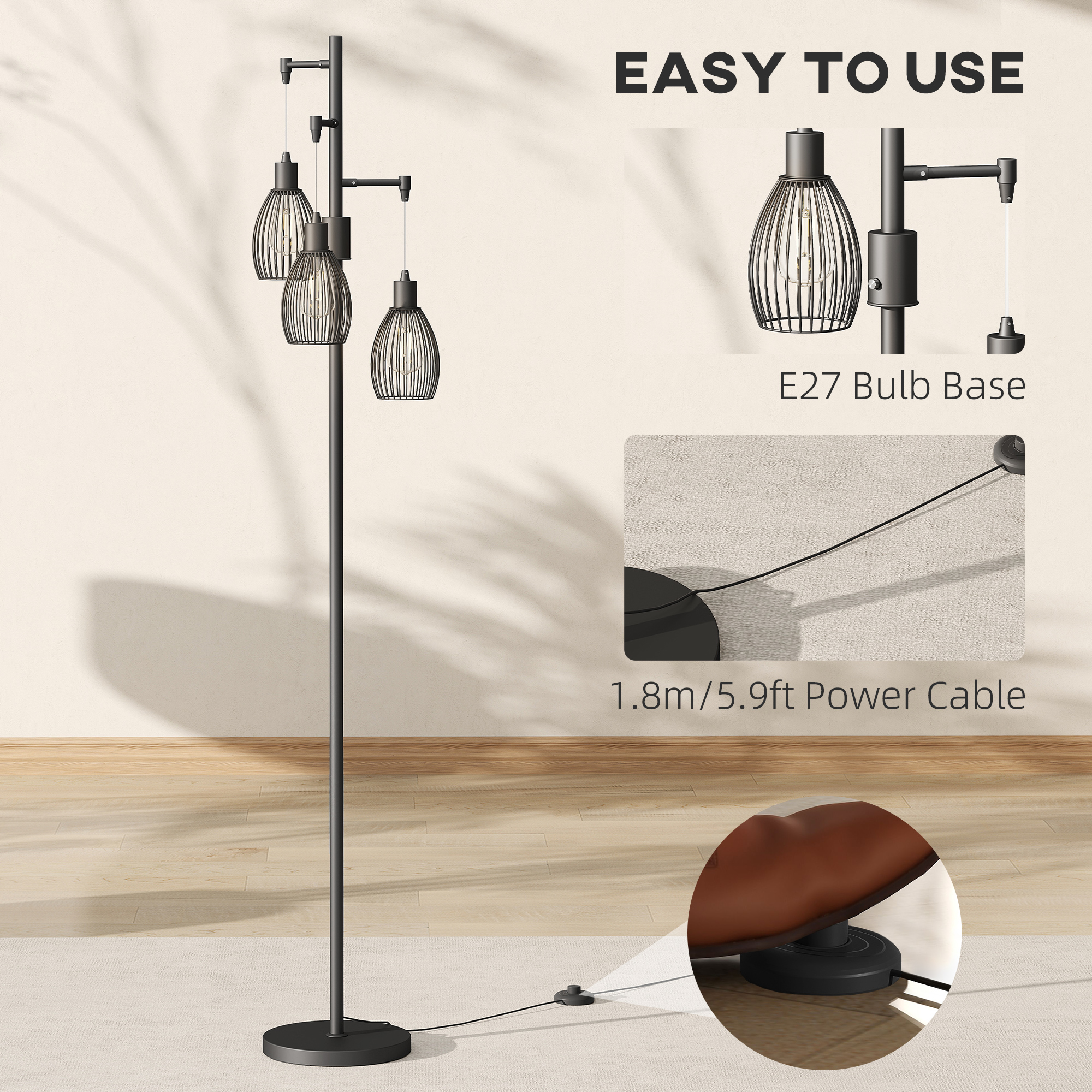 HOMCOM 3-Light LED Floor Lamp, 170cm Industrial Dimmable Standing Lamp with Steel Wire Cage Lampshades, 2700K for Living Room, Bedroom, Dining Room, Study, Black 7