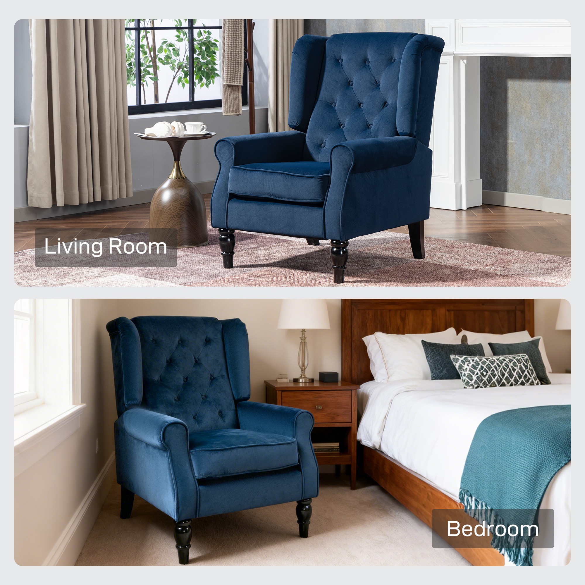 HOMCOM Wingback Accent Chair, Retro Upholstered Button Tufted Occasional Chair for Living Room and Bedroom, Dark Blue 8
