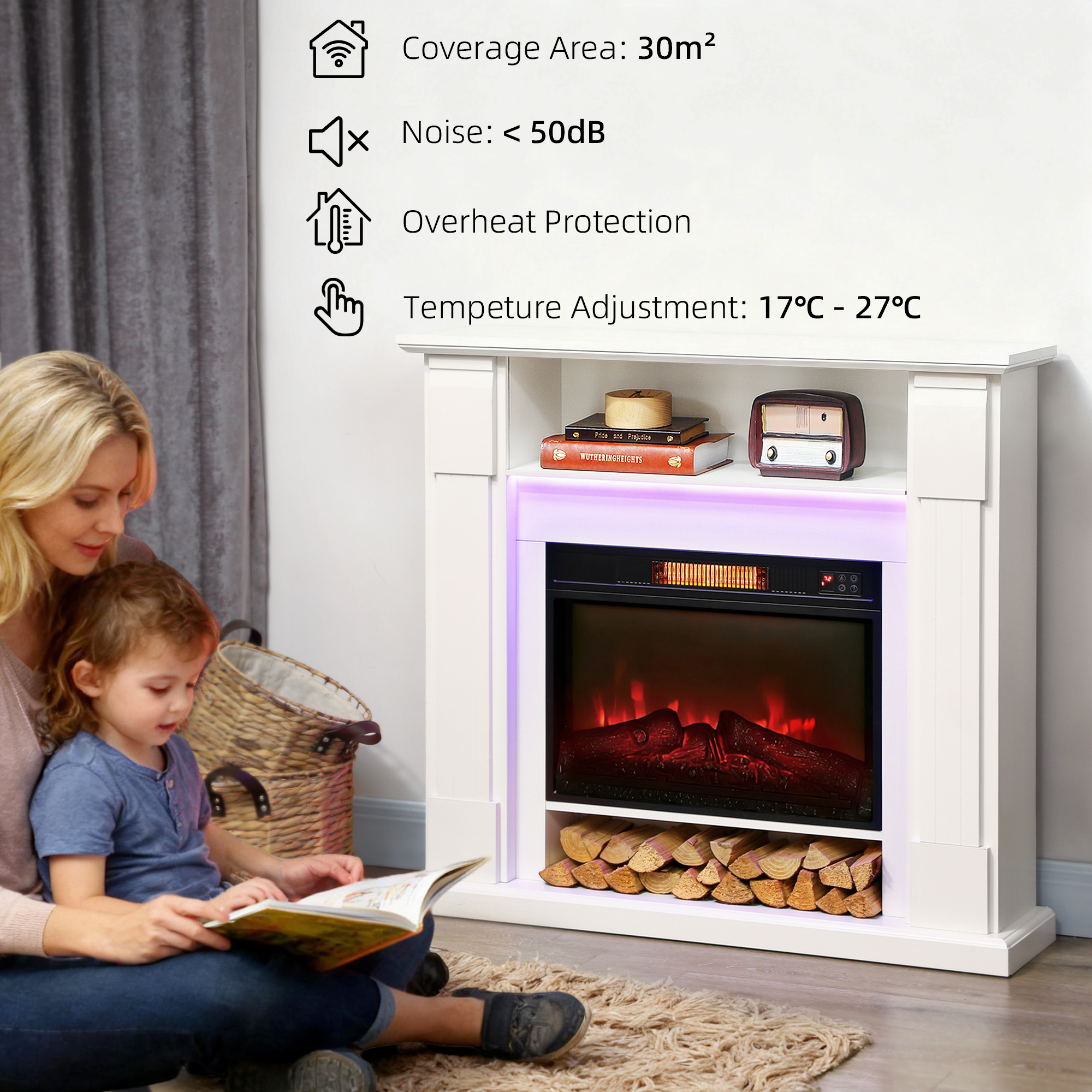 HOMCOM 6142 BTU Electric Fireplace and LED Mantel, 17-27°C White 7