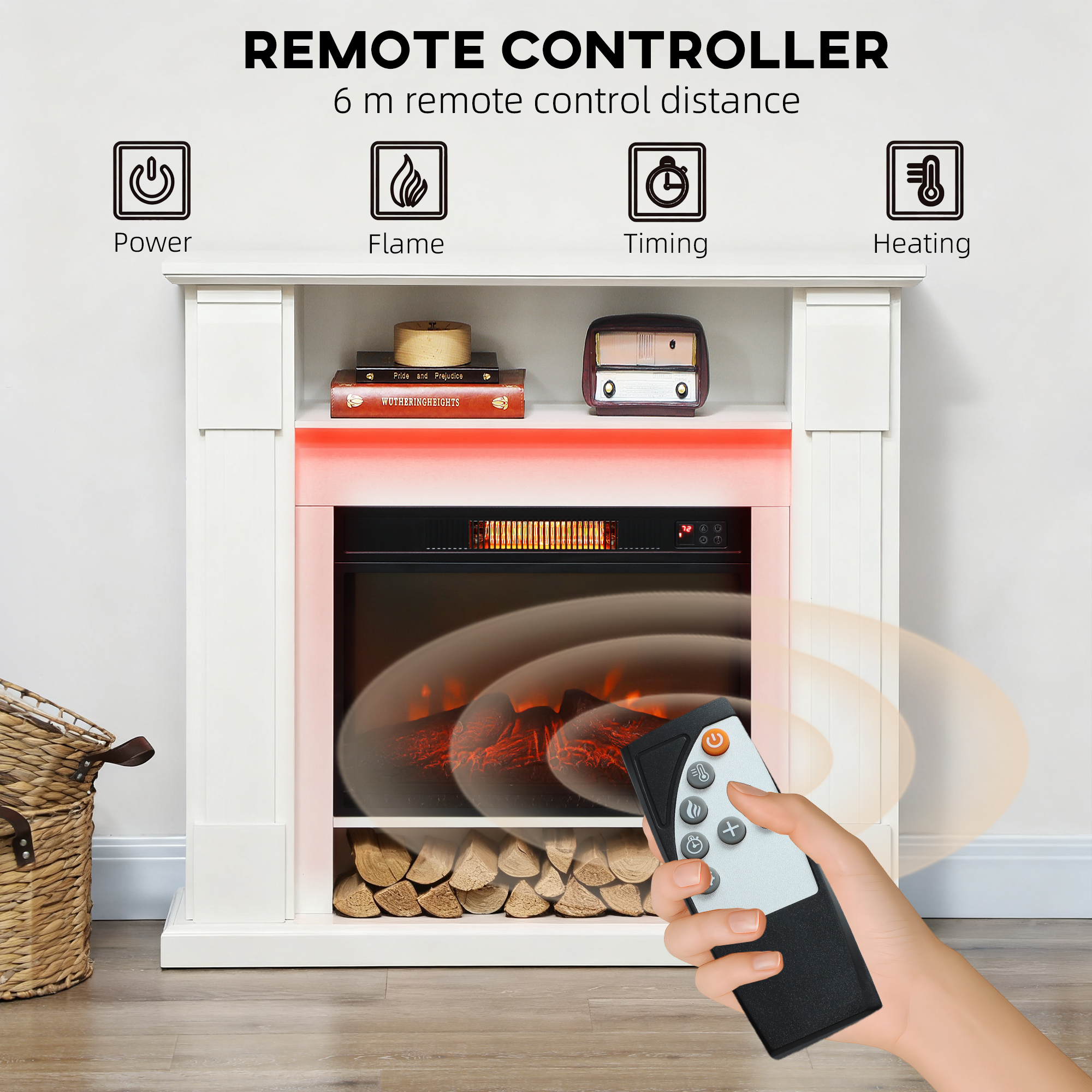 HOMCOM 6142 BTU Electric Fireplace and LED Mantel, 17-27°C White 6