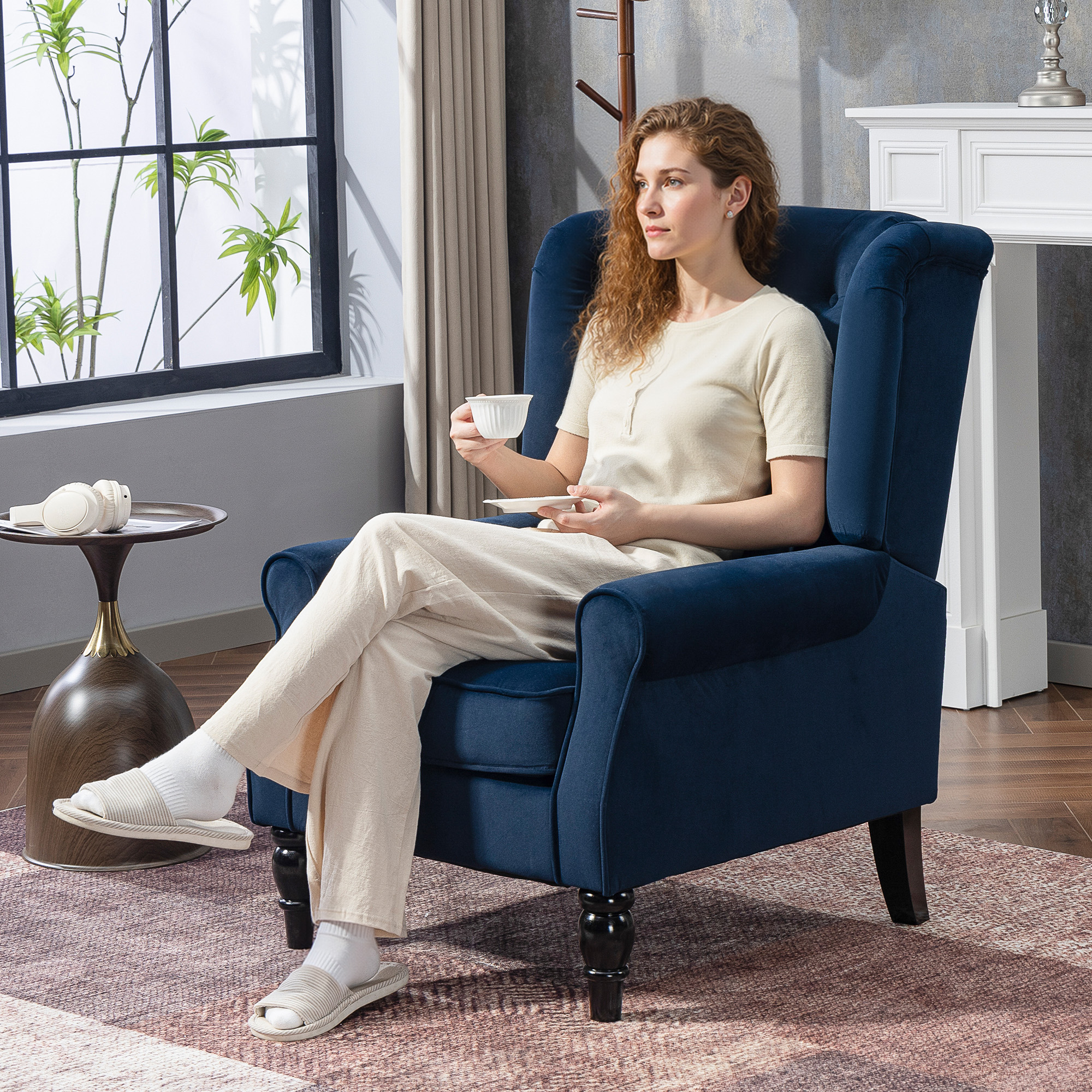 HOMCOM Wingback Accent Chair, Retro Upholstered Button Tufted Occasional Chair for Living Room and Bedroom, Dark Blue 2