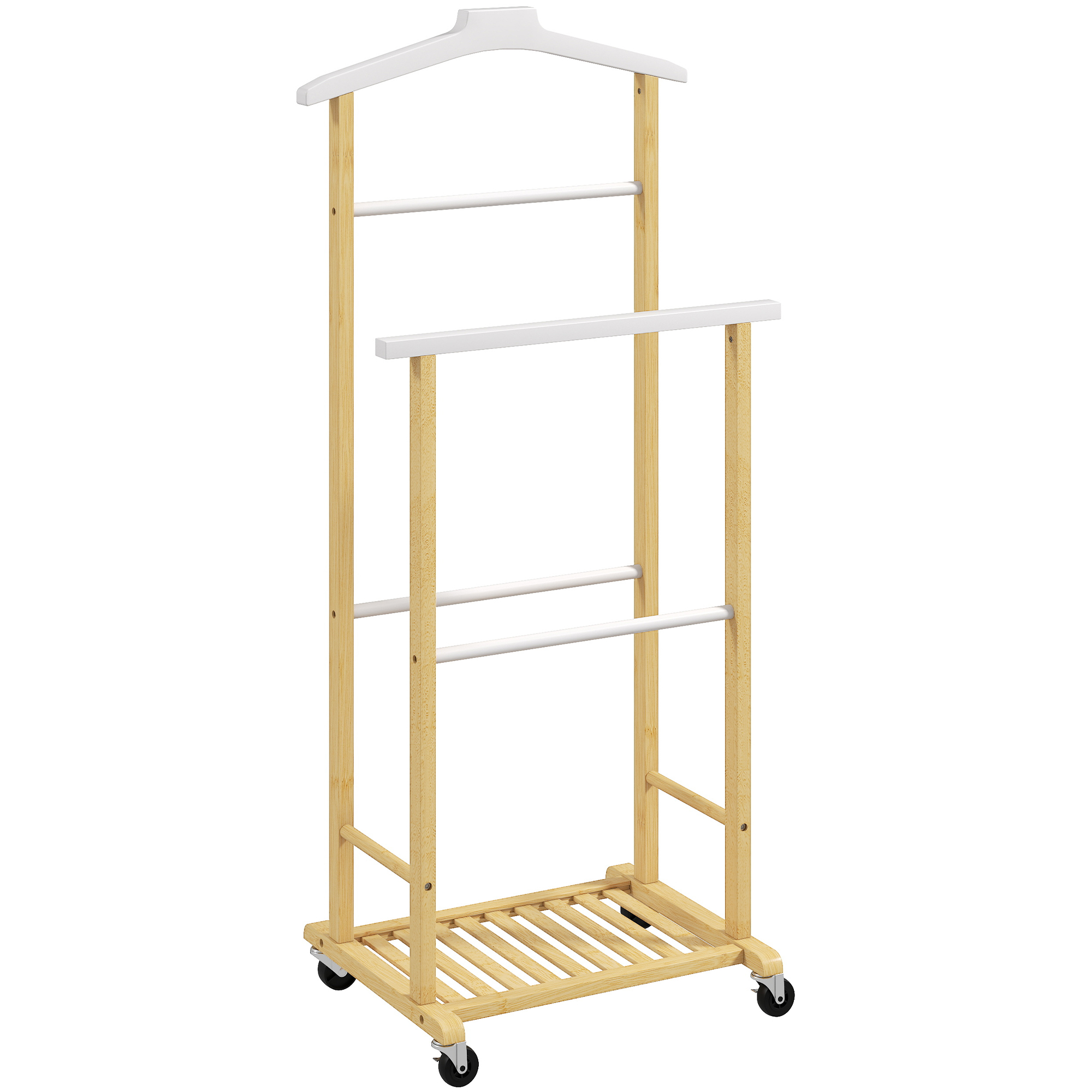 HOMCOM Galán de Noche Bambú con Ruedas Percha Superior Barras para Pantalones y Balda Inferior para zapatos Natural y Blanco