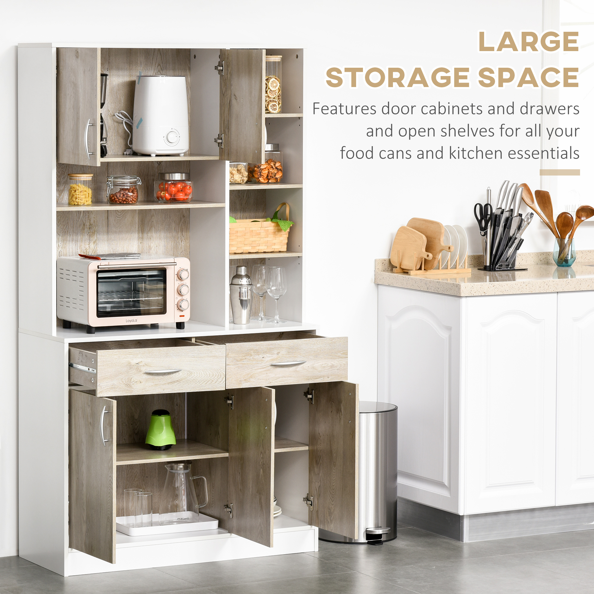 HOMCOM Kitchen Cupboard Sideboard Storage Cabinet Unit with Counter Top, Adjustable Shelves, Drawers for Dining Room, Living Room 4