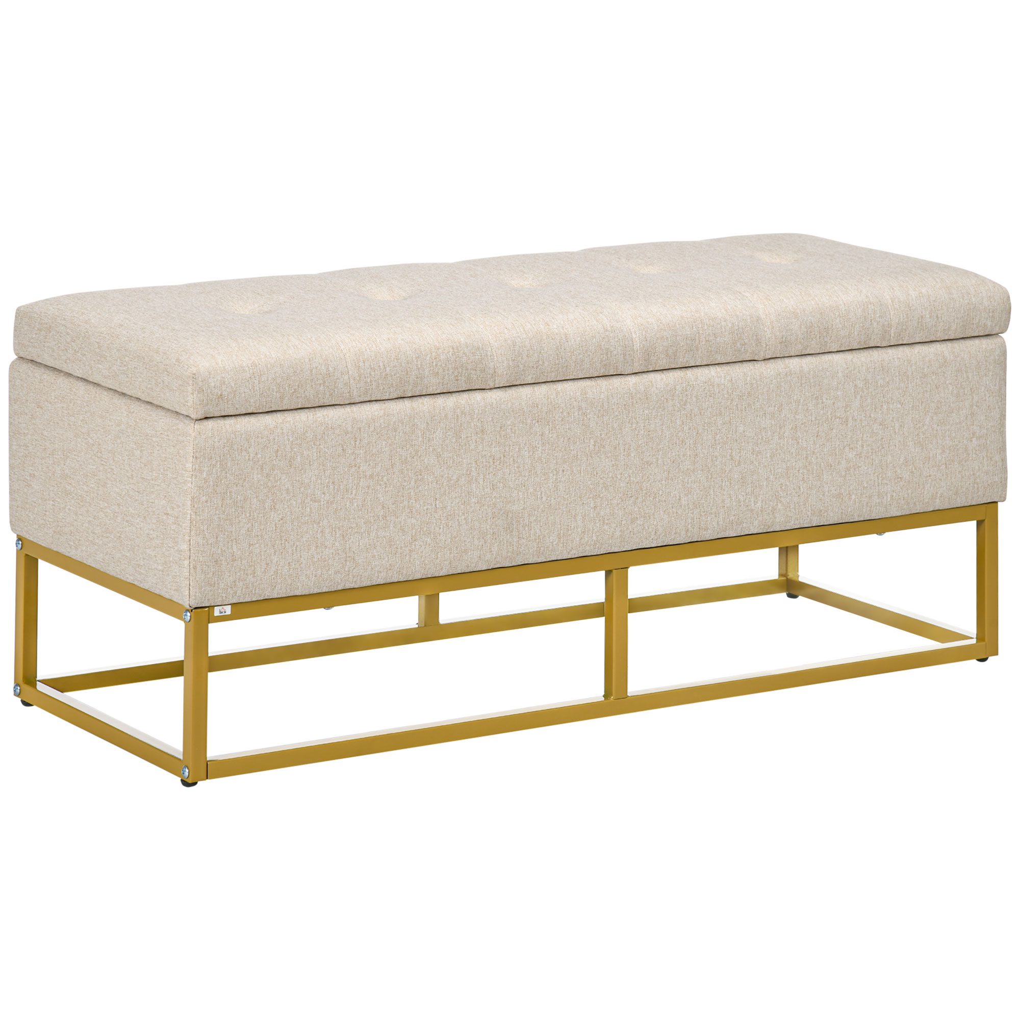 HOMCOM Bancă de Depozitare cu Șezut, Bancă Tapițată Dreptunghiulară, Taburet din Stofă de In cu Picioare de Oțel, 110x44x48 cm, Bej | Aosom Romania