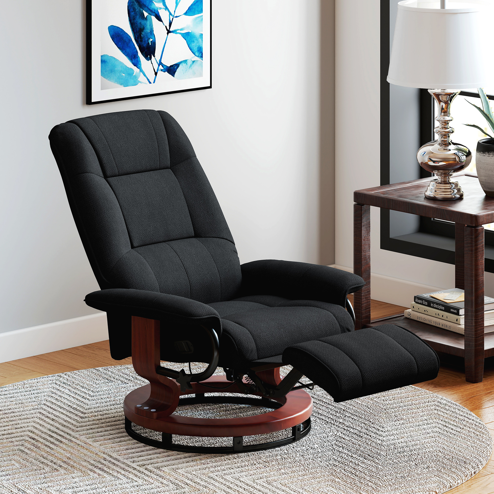 HOMCOM Reclining Swivel Chair, with Footrest Black 2
