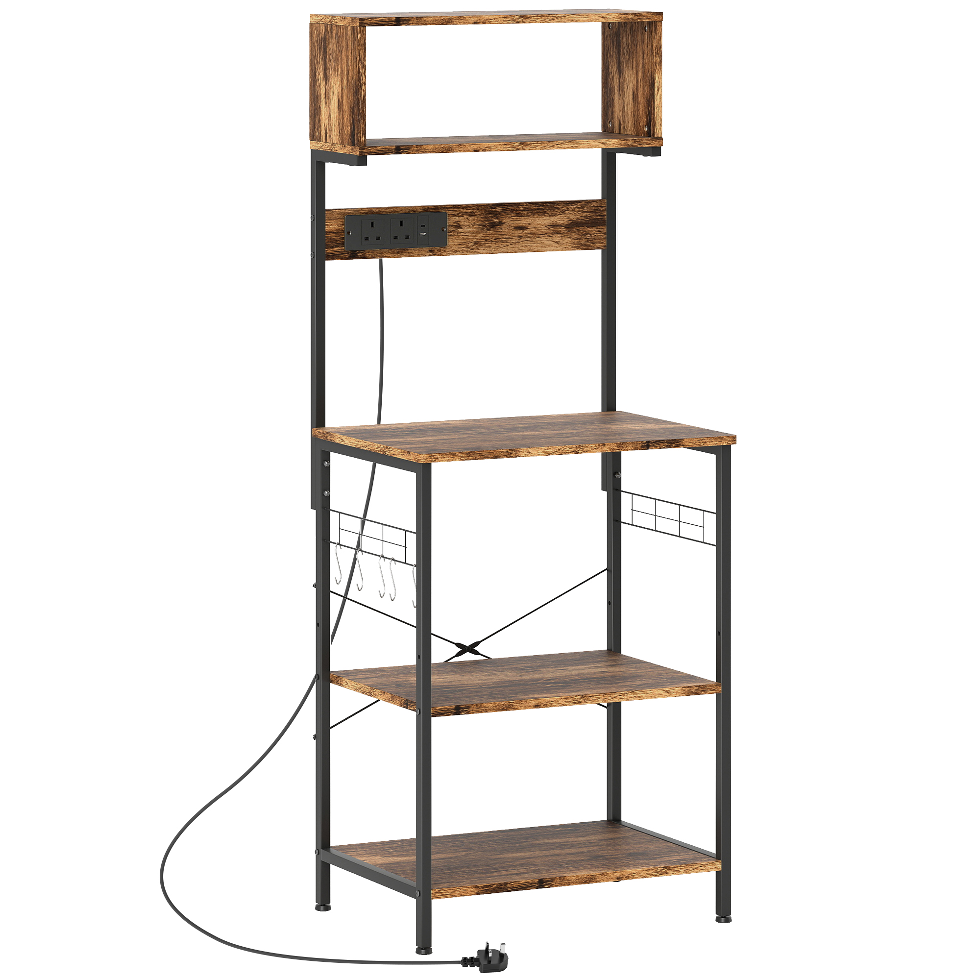 HOMCOM Bakers Rack with Power Outlet, USB Charger, Microwave Stand with Adjustable Shelves, 5 Hooks for Small Spaces, Kitchen Storage Unit for Spices, Pots and Pans, Rustic Brown