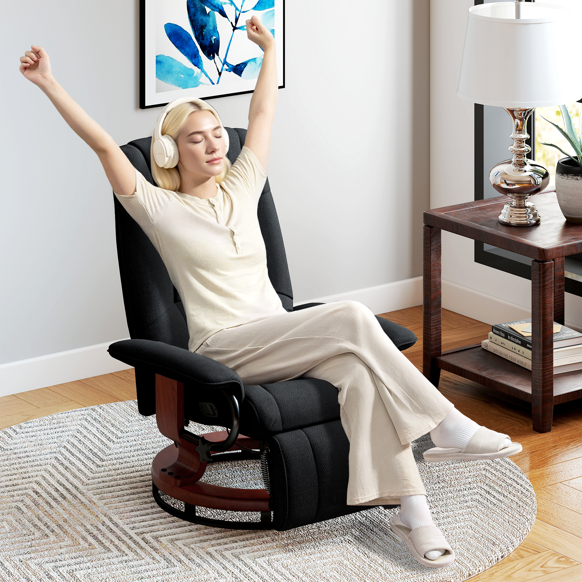 HOMCOM Reclining Swivel Chair, with Footrest Black 7