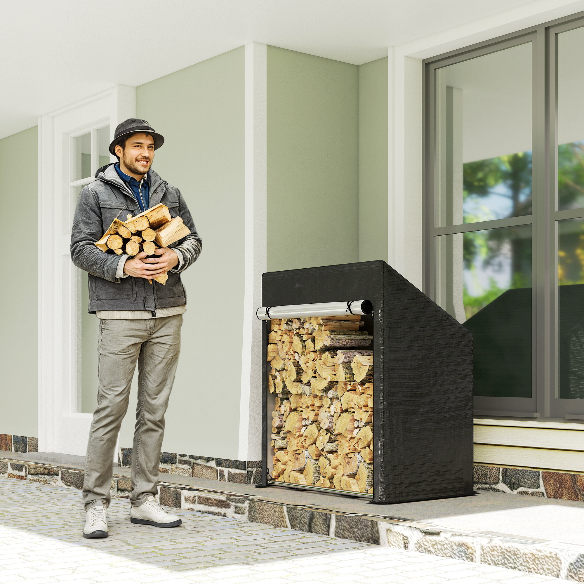 Outsunny Außen-Holzlager aus verstärktem Stahl mit wasserdichter Abdeckung günstig online kaufen