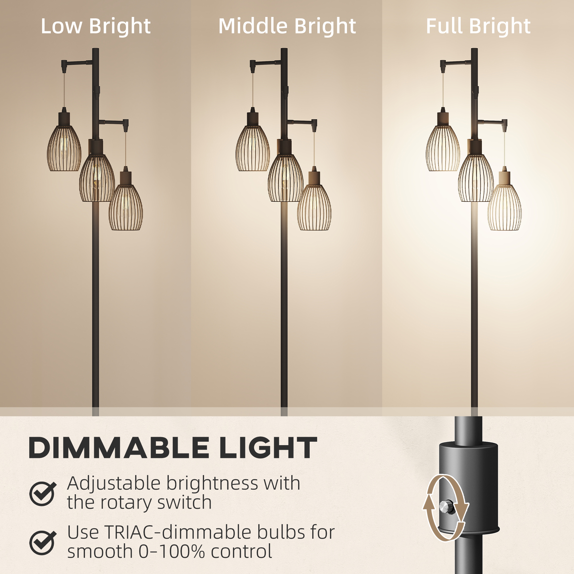 HOMCOM 3-Light LED Floor Lamp, 170cm Industrial Dimmable Standing Lamp with Steel Wire Cage Lampshades, 2700K for Living Room, Bedroom, Dining Room, Study, Black 4