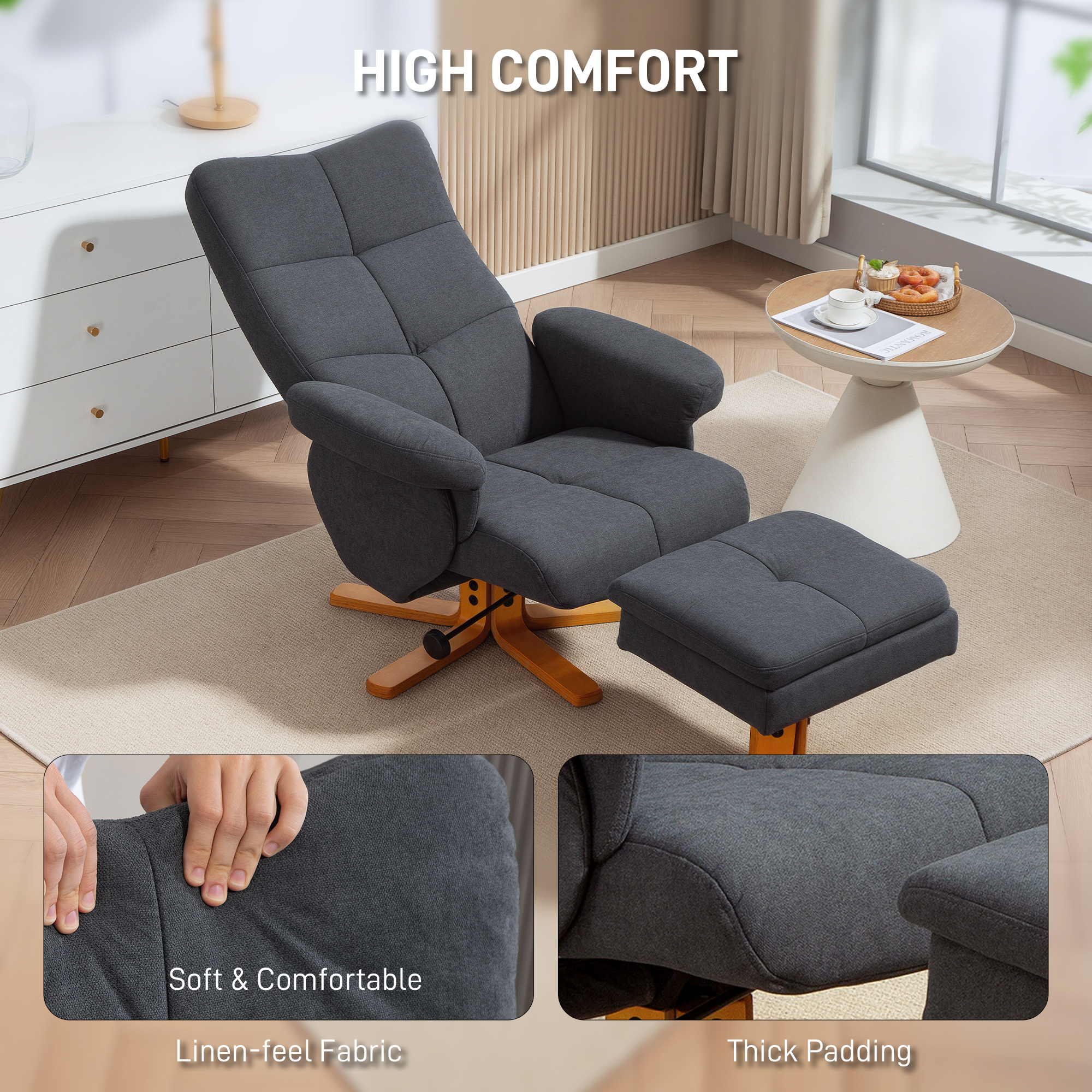 HOMCOM Linen-Look Recliner, with Storage Ottoman Grey 6