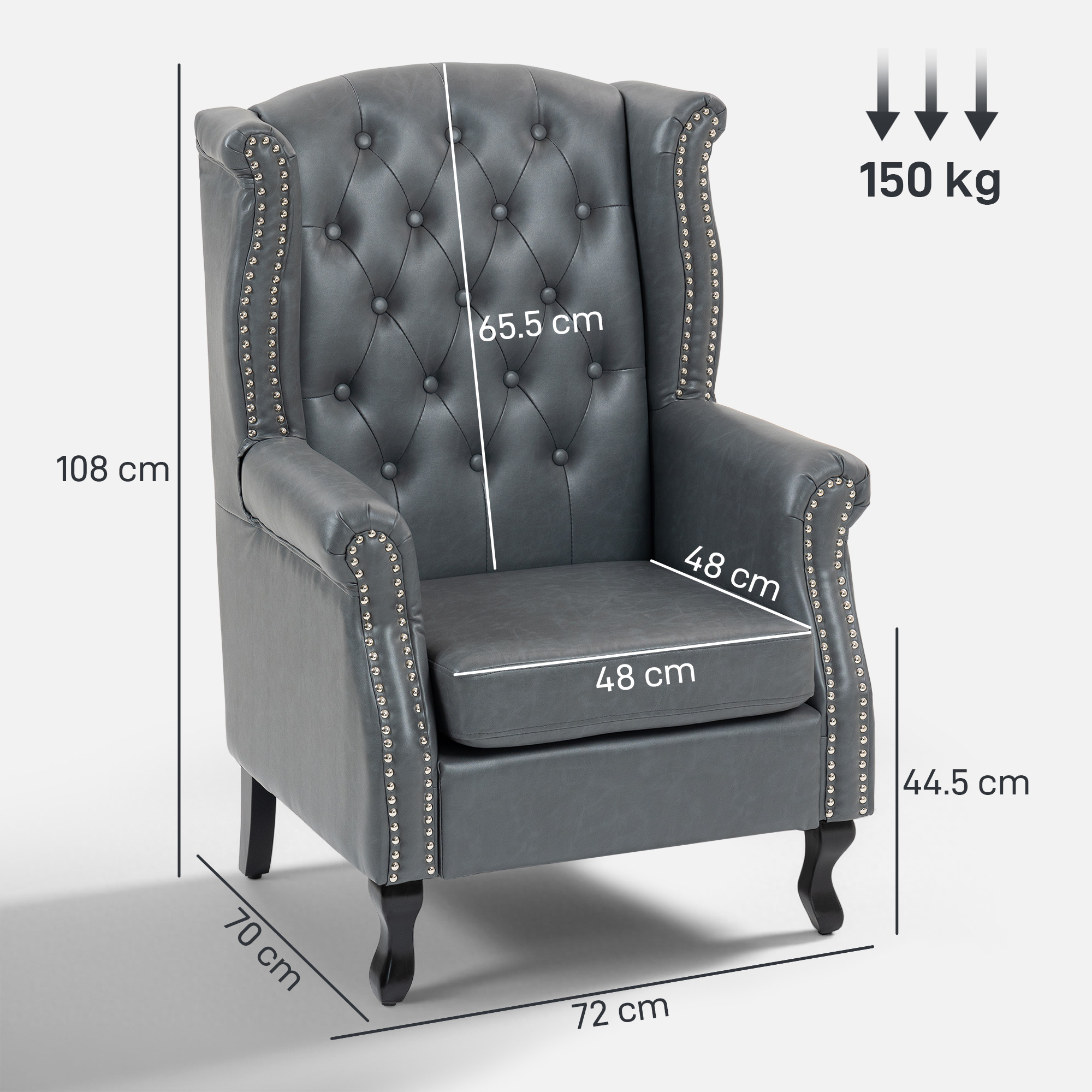 HOMCOM Wingback Accent Chair Tufted Chesterfield-style Armchair with Nail Head Trim for Living Room Bedroom Grey 3