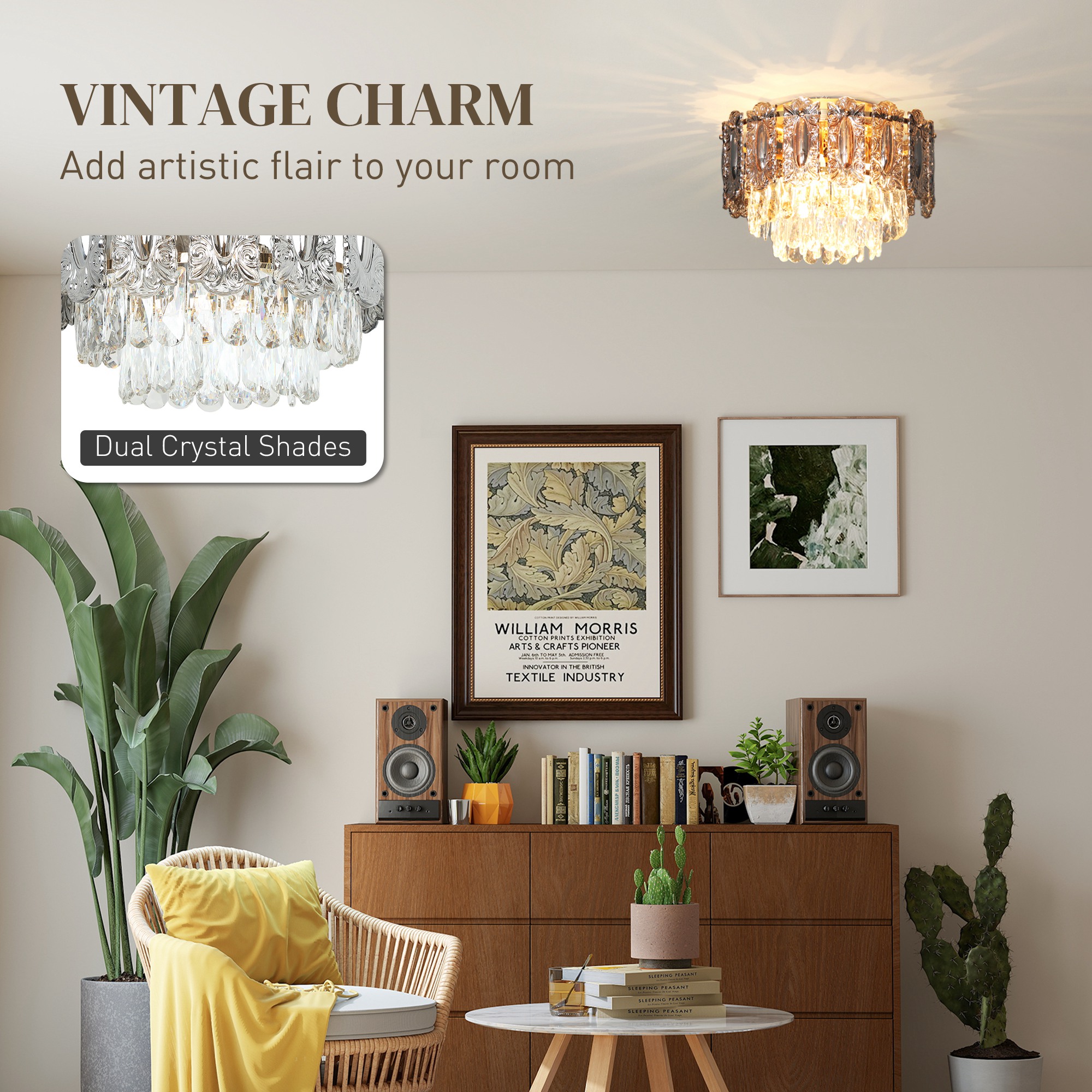 HOMCOM Chandelier Ceiling Light, 3-Light Vintage Flush Mount Fixture with Dual Crystal and Smoke Glass Shade, LED Ceiling Light for Living Room Bedroom, 3 E27 Sockets, Bulbs Not Included, Gold Tone 4