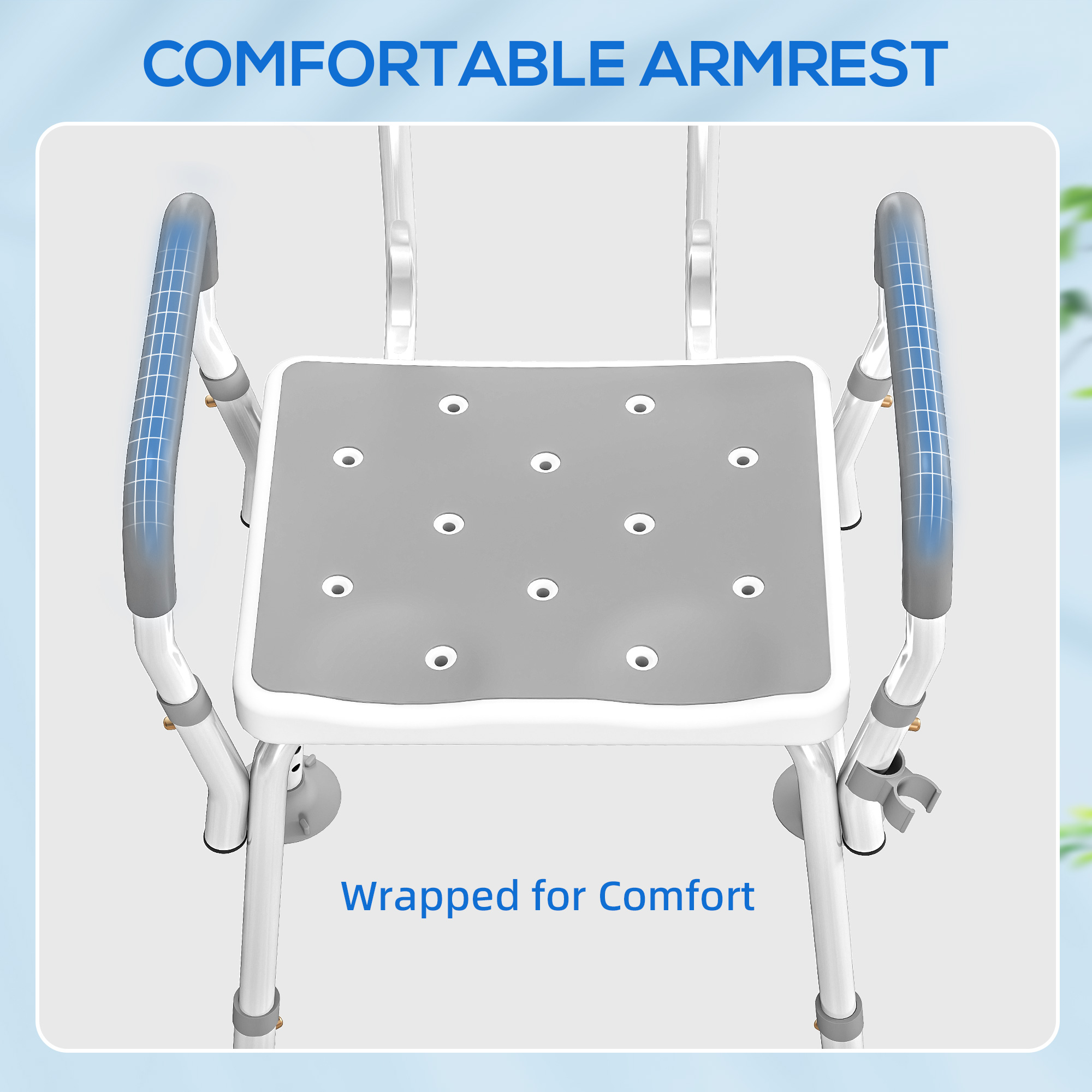 HOMCOM EVA Padded Shower Chair for the Elderly and Disabled, Height Adjustable Shower Stool with Back and Arms, 4 Suction Foot Pads, Light Grey 5