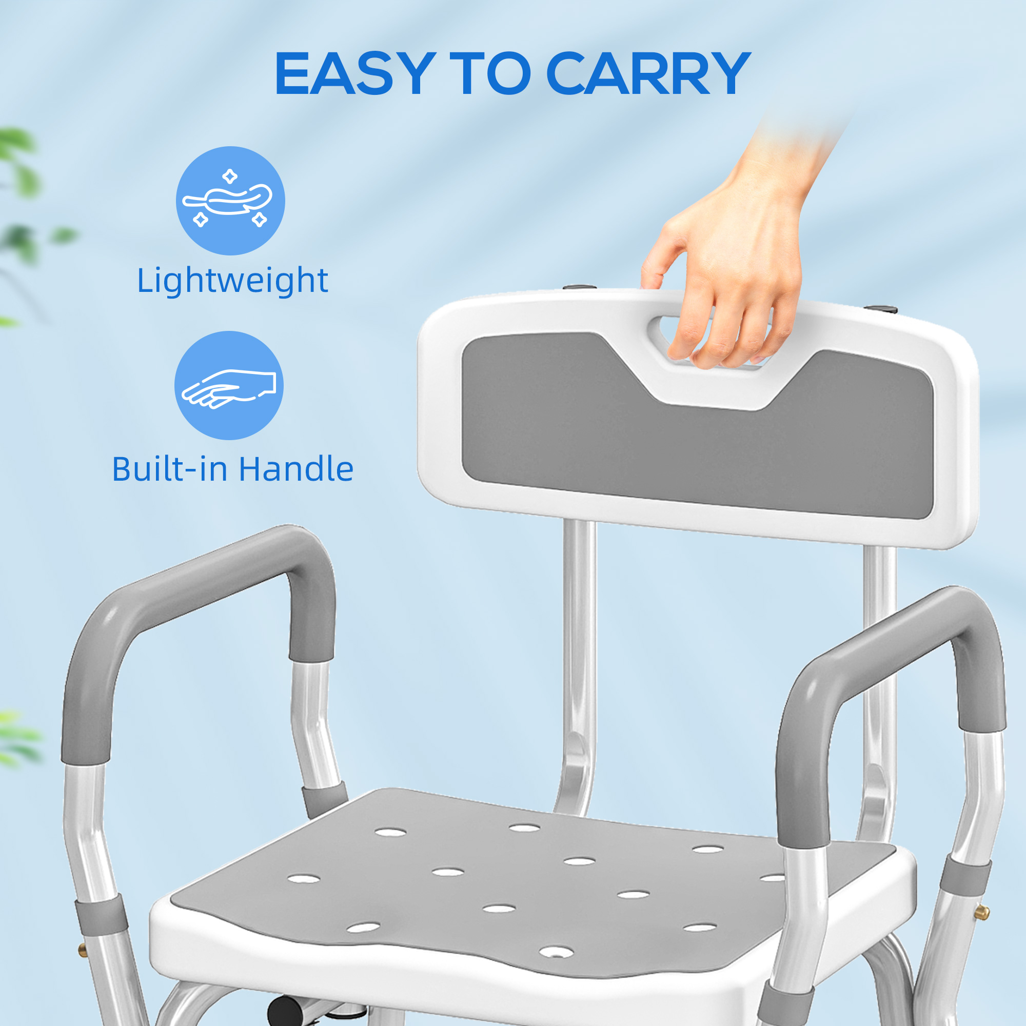 HOMCOM EVA Padded Shower Chair for the Elderly and Disabled, Height Adjustable Shower Stool with Back and Arms, 4 Suction Foot Pads, Light Grey 8