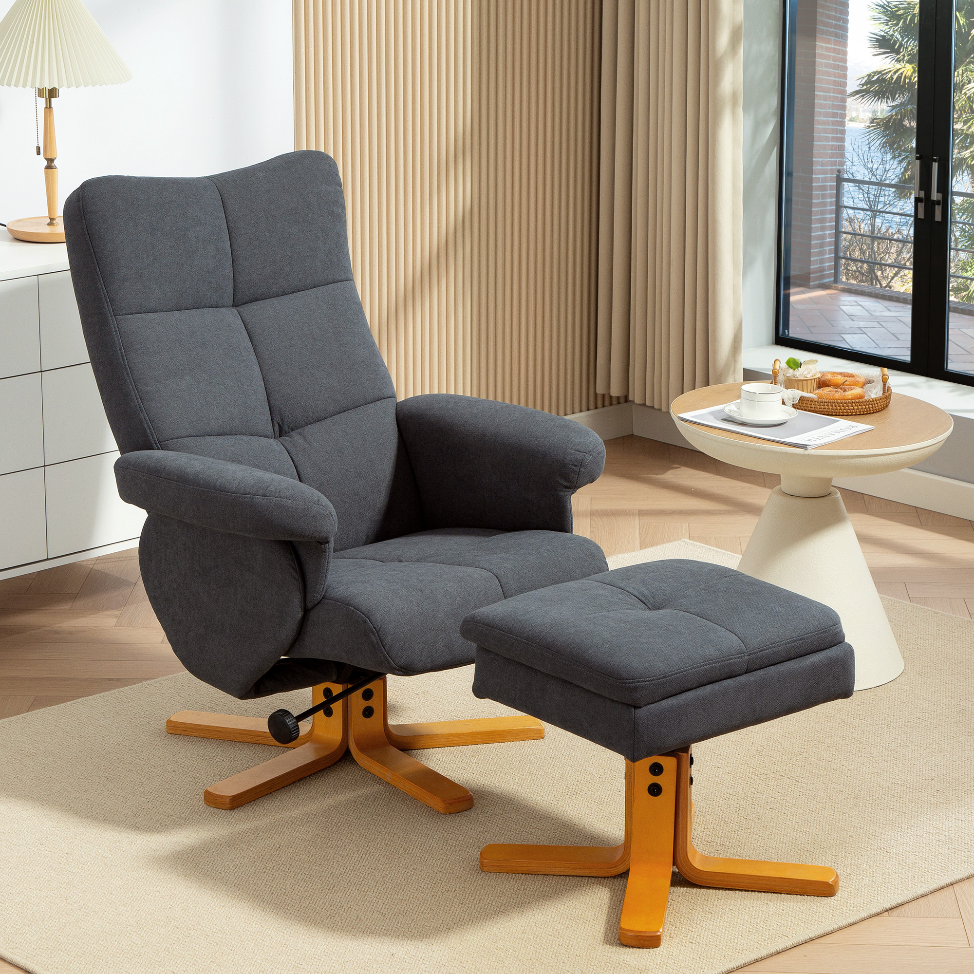 HOMCOM Linen-Look Recliner, with Storage Ottoman Grey 2