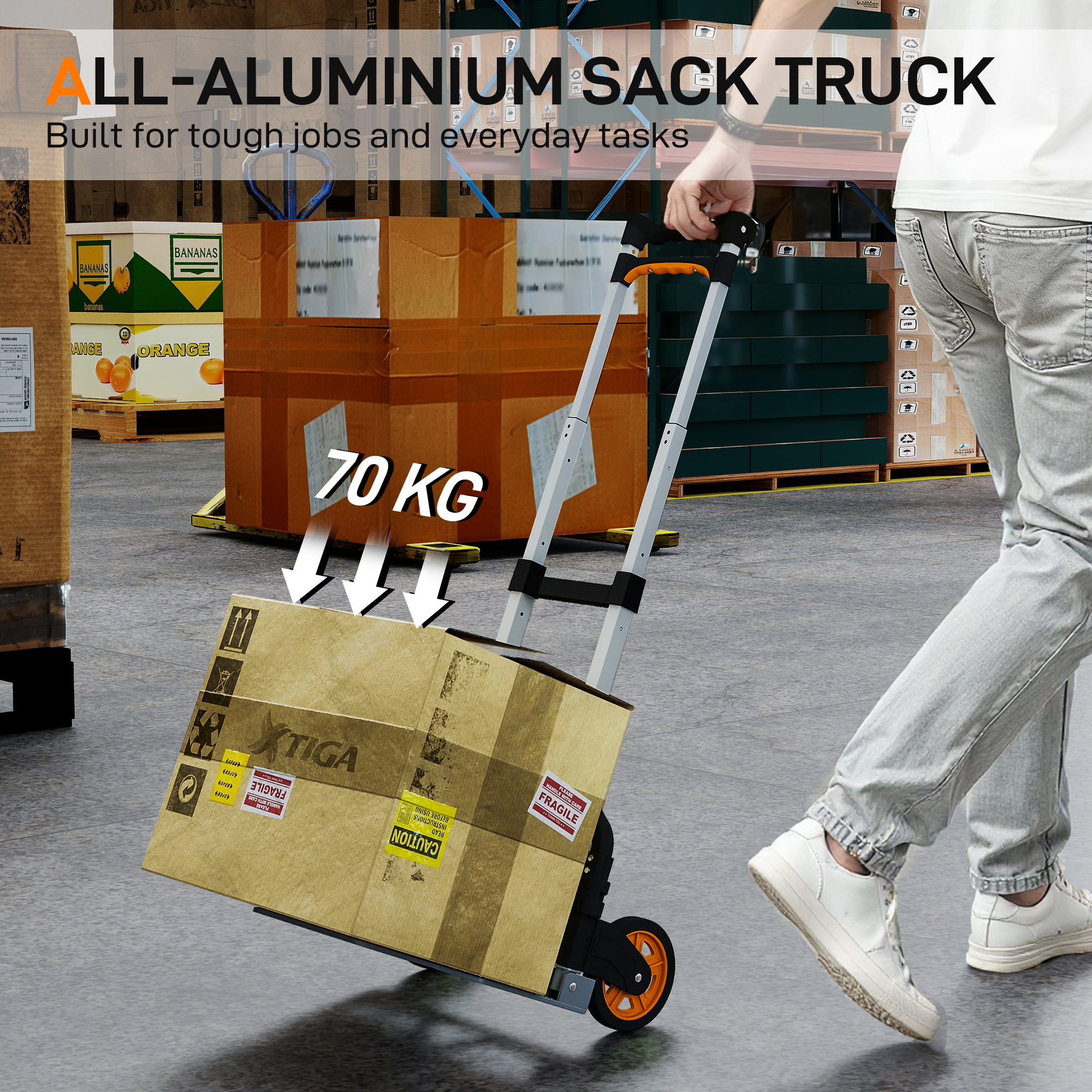 HOMCOM Folding Sack Truck, 70kg Lightweight Hand Truck with Wheels, Foldable Trolley Cart with Telescoping Handle for Warehouse, Office, Luggage, Silver Tone 4