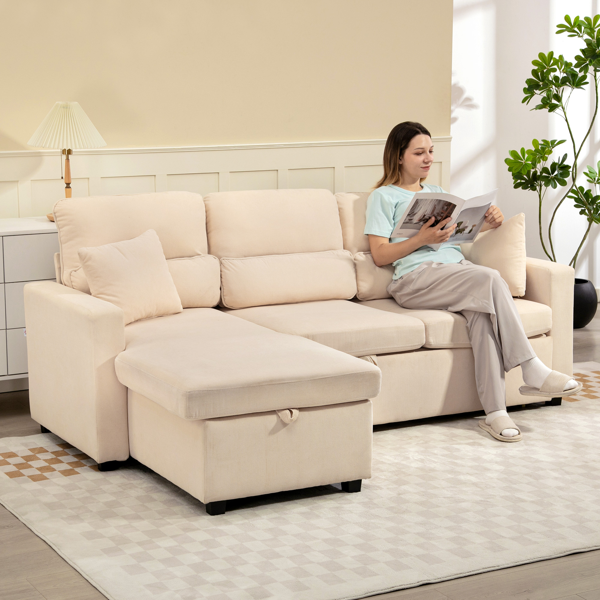 HOMCOM verstelbare slaapbank L-vormige gastslaapbank opbergruimte kussens beige omkeerbare chaiselongue | Aosom.nl