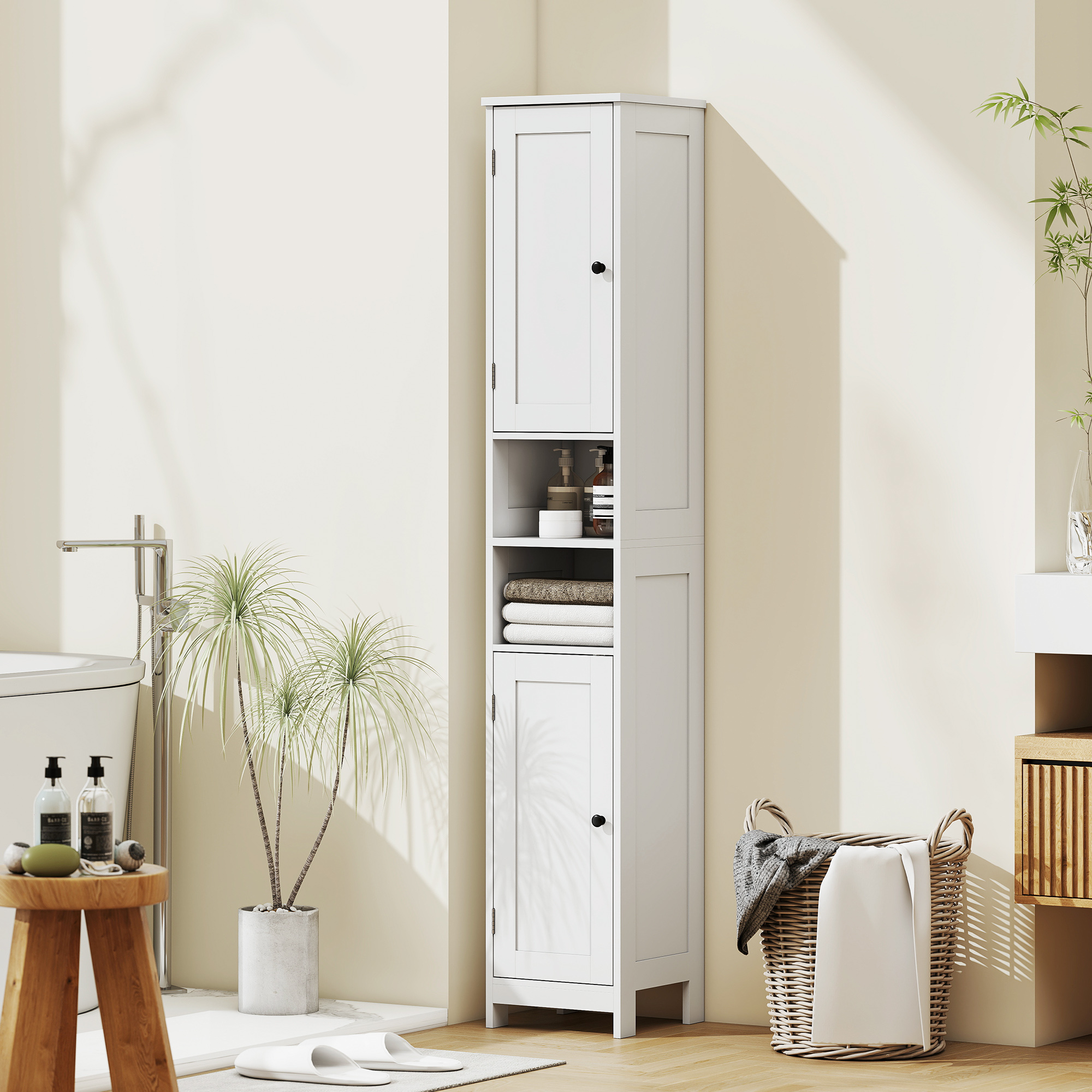 HOMCOM Hochschrank für Bad mit 2 Schränken und 2 offenen Regalen, platzspar günstig online kaufen