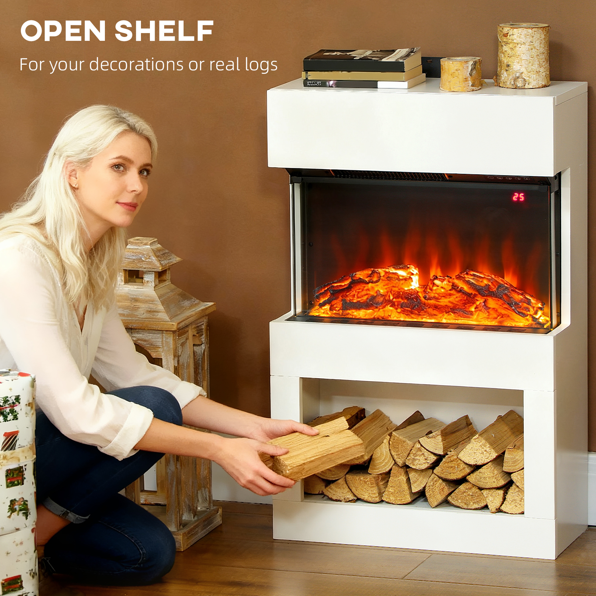 HOMCOM Electric Fireplace with 3D Flame Effect, 6 Colours & 3 Brightness Levels, 1000W/2000W White Electric Fire and Mantel Reach up to 30㎡ Space with Remote & Timer, 3 Sided View for Living Room 6