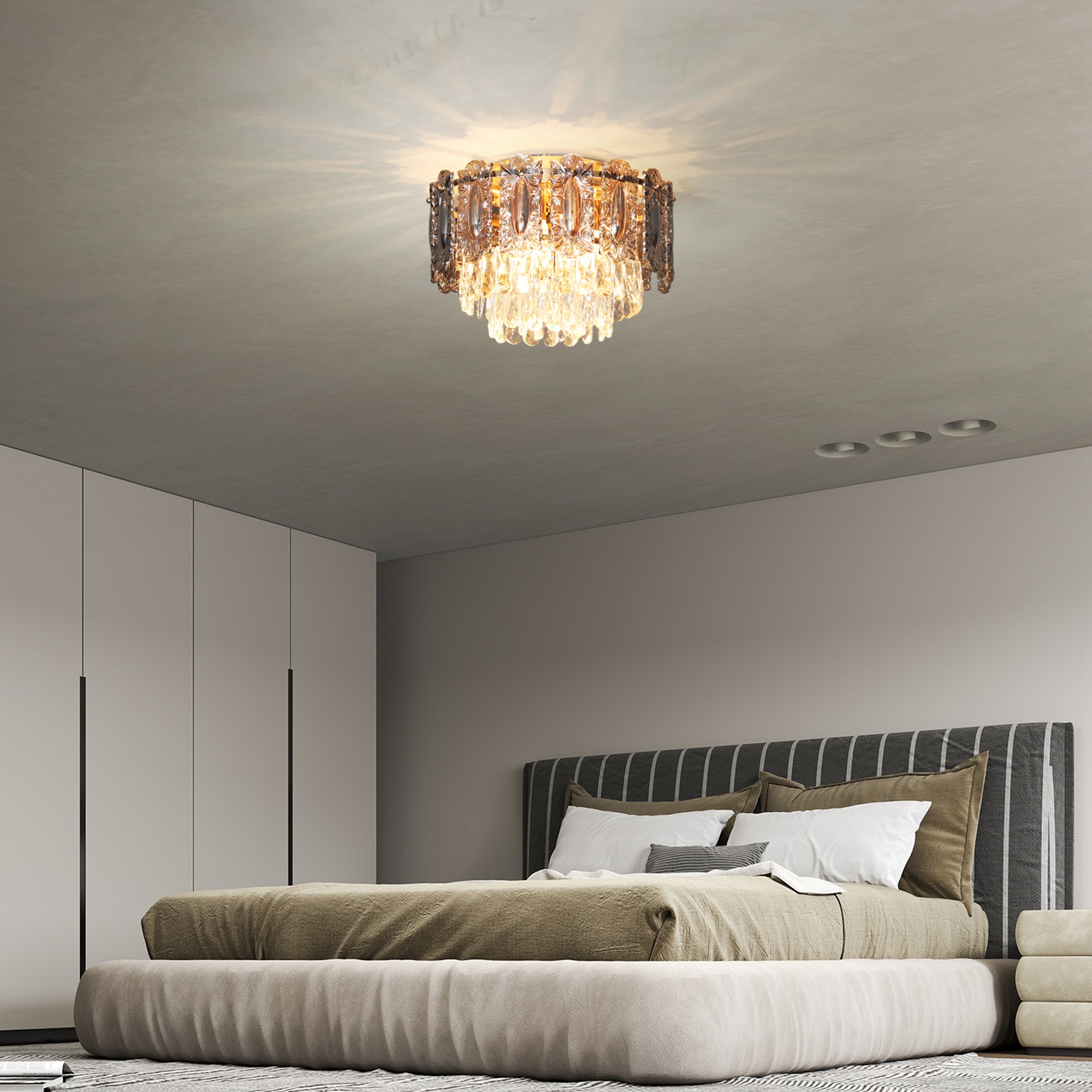 HOMCOM Chandelier Ceiling Light, 3-Light Vintage Flush Mount Fixture with Dual Crystal and Smoke Glass Shade, LED Ceiling Light for Living Room Bedroom, 3 E27 Sockets, Bulbs Not Included, Gold Tone 9