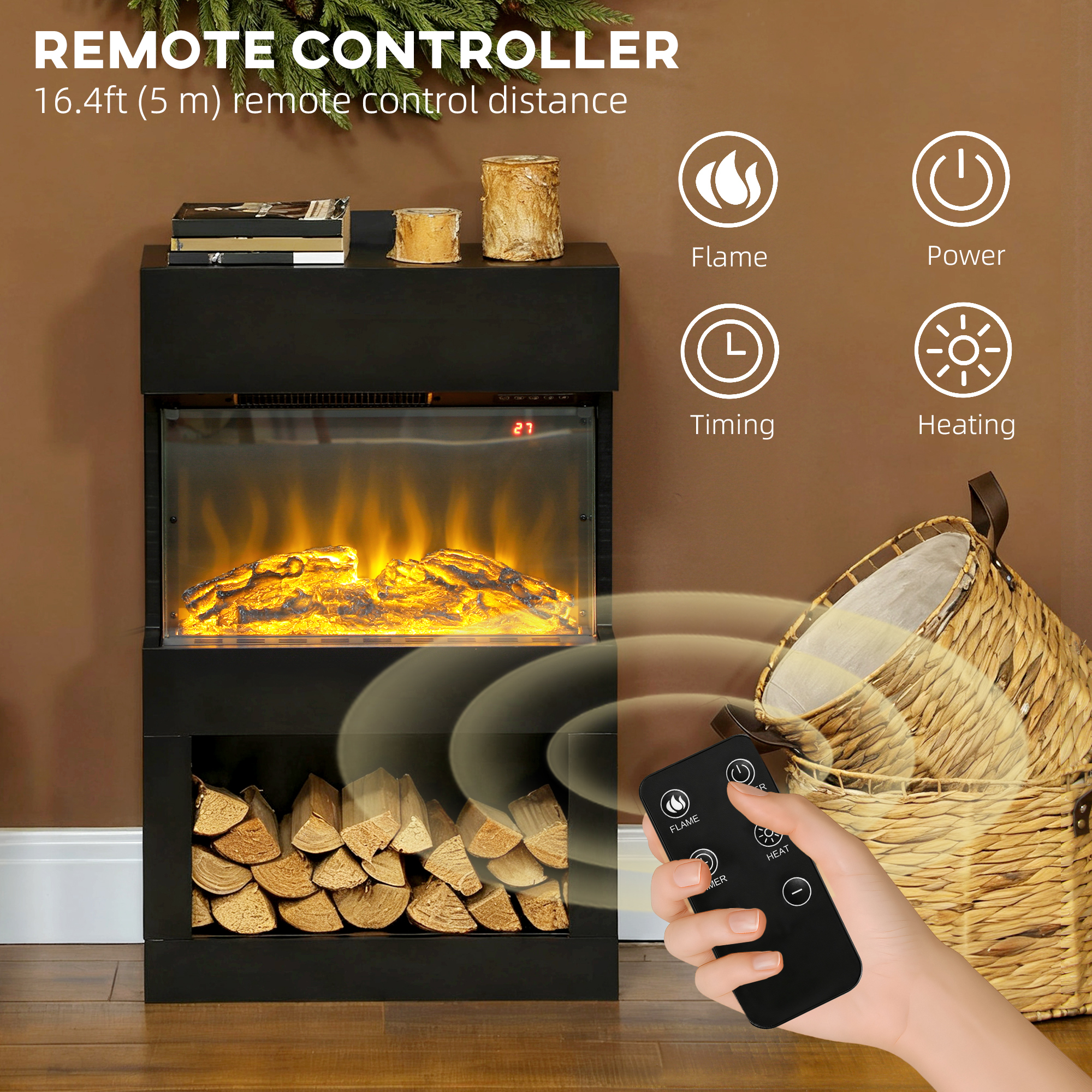 HOMCOM Electric Fireplace with 3D Flame Effect, 6 Colours & 3 Brightness Levels, 1000W/2000W Black Electric Fire and Mantel Reach up to 30㎡ Space with Remote & Timer, 3 Sided View for Living Room 7