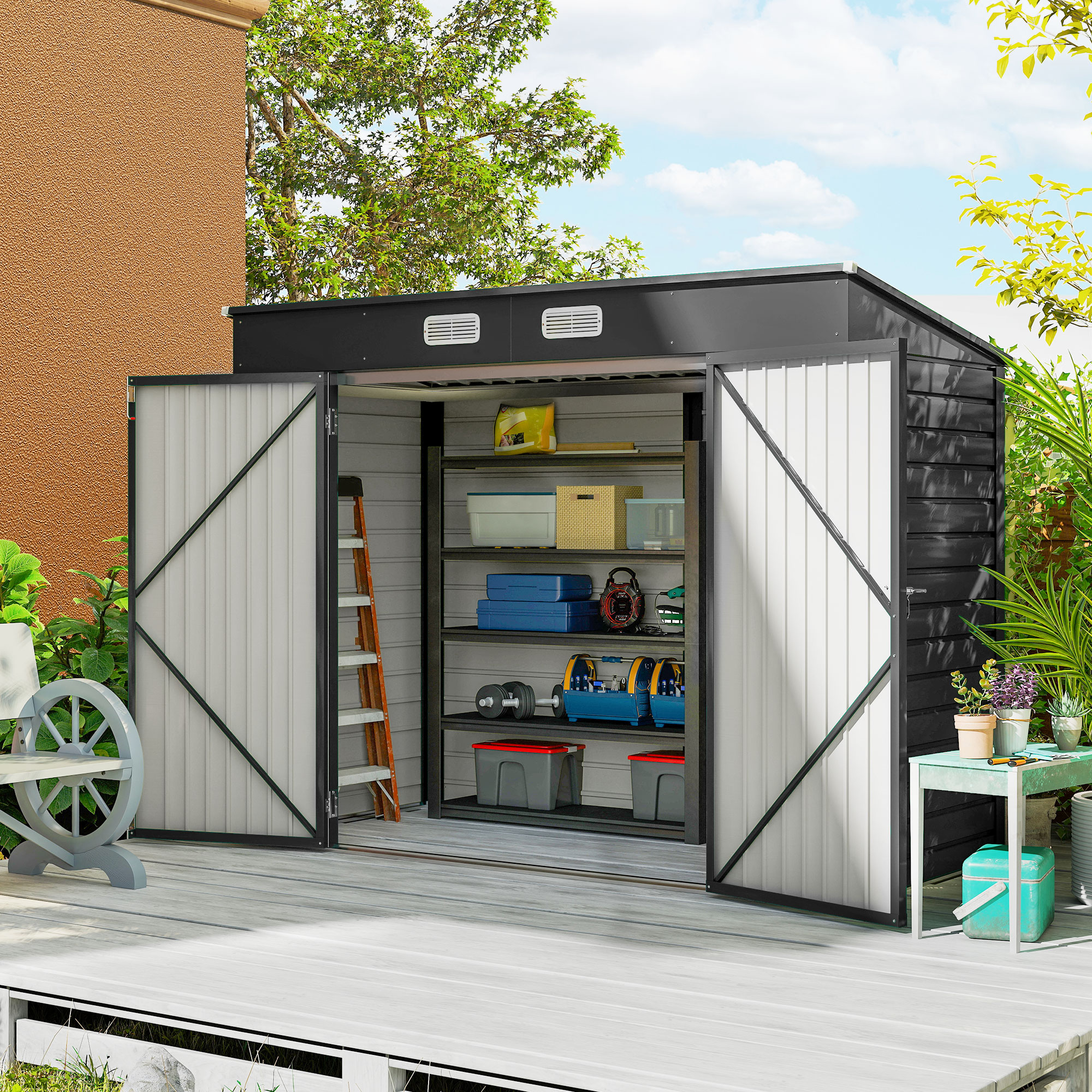 Outsunny 3.7 x 7.9ft Galvanised Steel Shed, with Latched Door and Padlock Grey 2