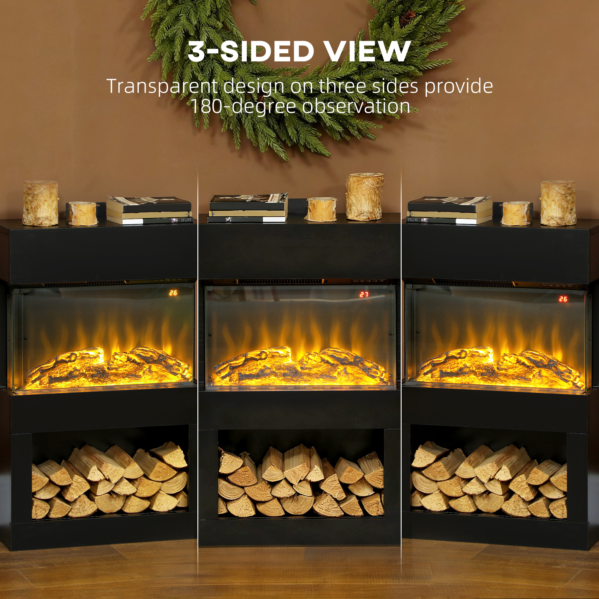 HOMCOM Electric Fireplace with 3D Flame Effect, 6 Colours & 3 Brightness Levels, 1000W/2000W Black Electric Fire and Mantel Reach up to 30㎡ Space with Remote & Timer, 3 Sided View for Living Room 5